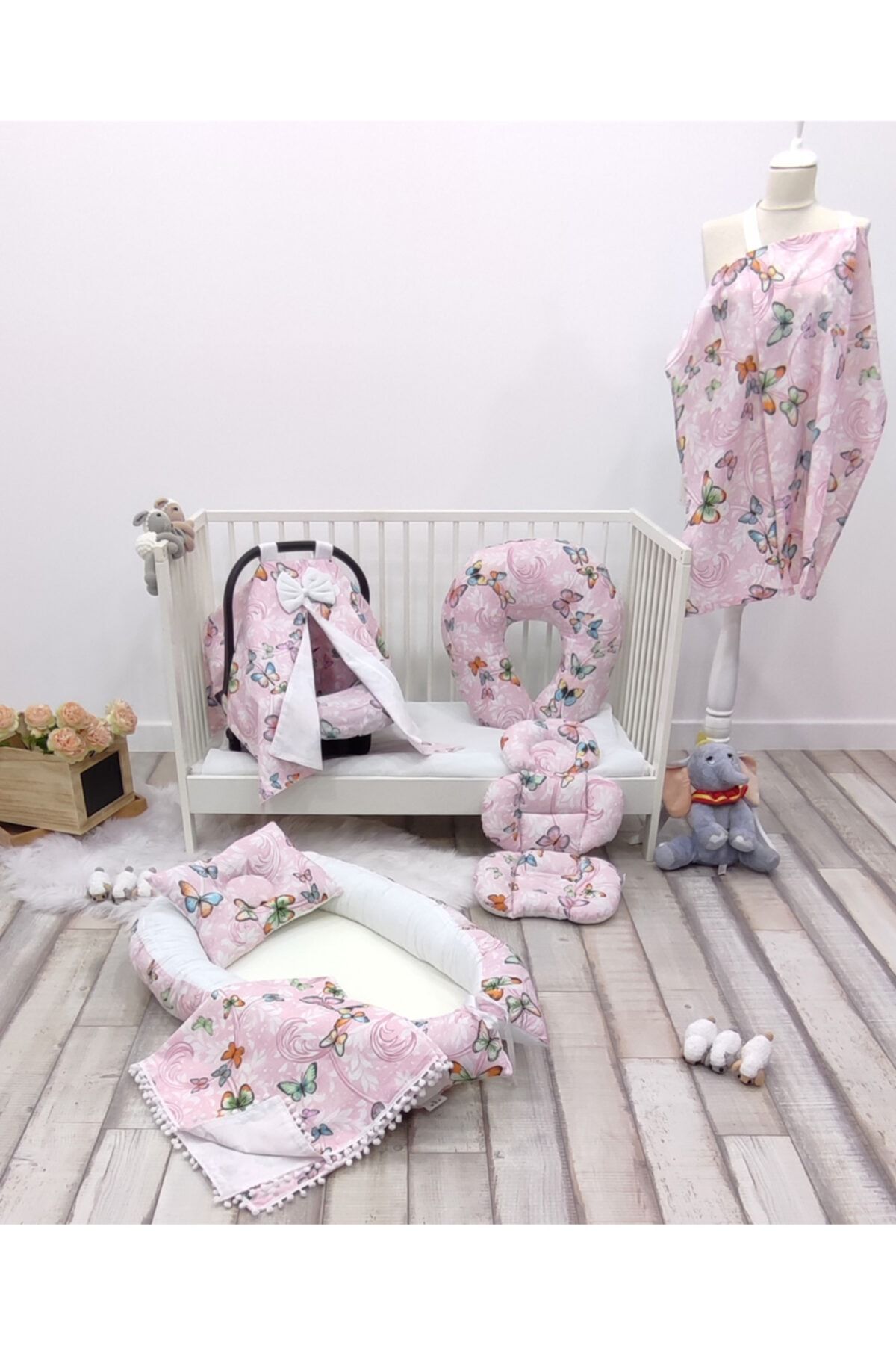 mordesign Anne Yanı Babynest Bebek Park Yatak Ve Seyahat Aksesuar 8' Li Set, %100 Pamuklu, Pembe Kelebek
