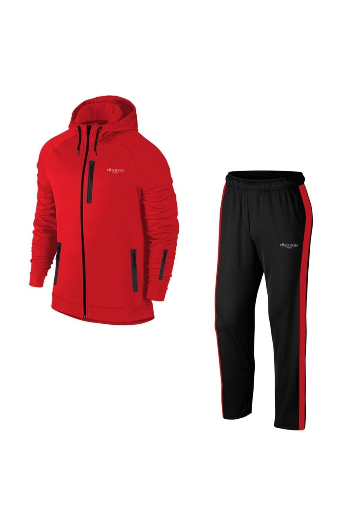 POSEIDONSTORM Büyük Beden Erkek Kırmızı Günlük Sporcu Eşofman Takımı 4xl-10xl - Önü Ve Bileği Fermuarlı M20
