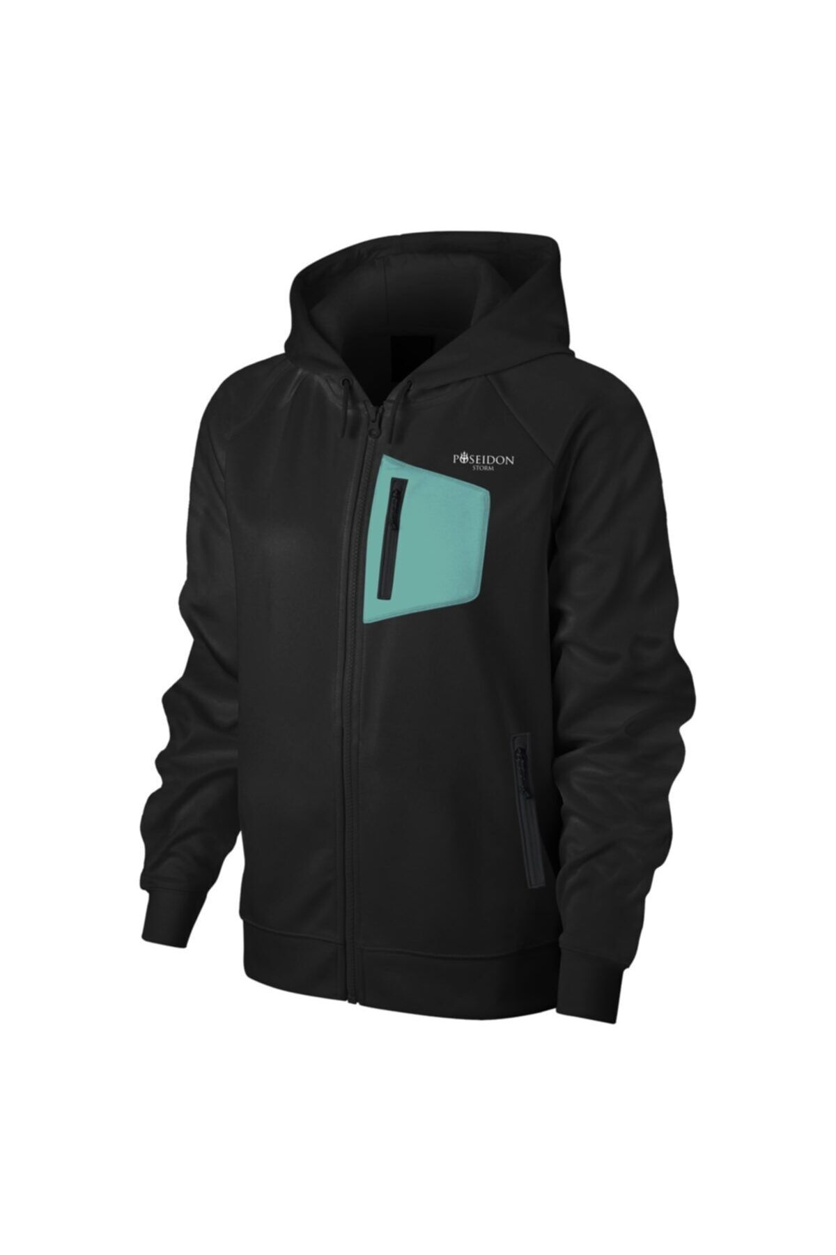 POSEIDONSTORM Kadın Siyah Günlük Sporcu Sweatshirt Önü Su Yeşili Cepli M4