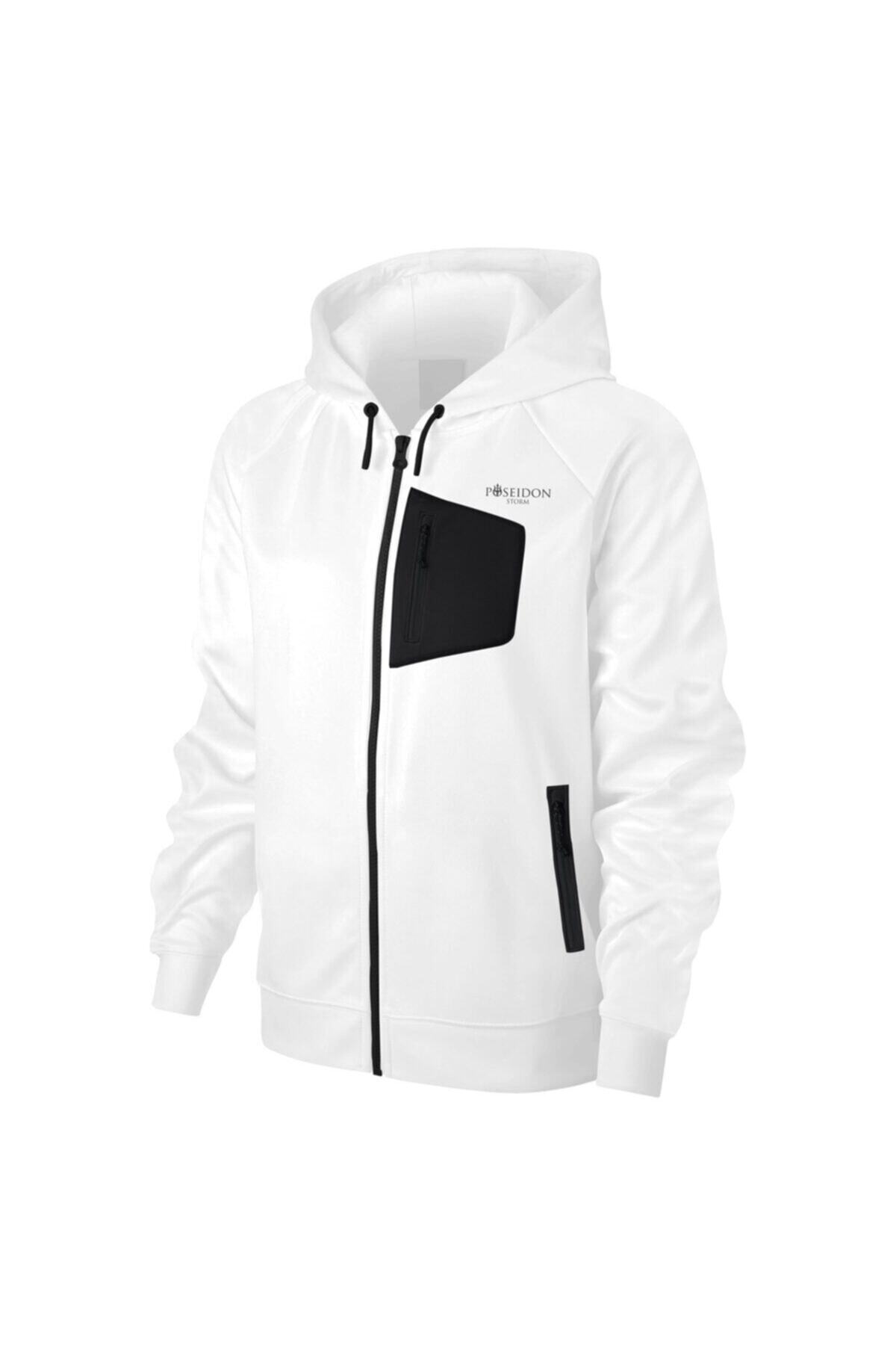 POSEIDONSTORM Kadın Beyaz Günlük Sporcu Sweatshirt Önü Siyah Cepli M4