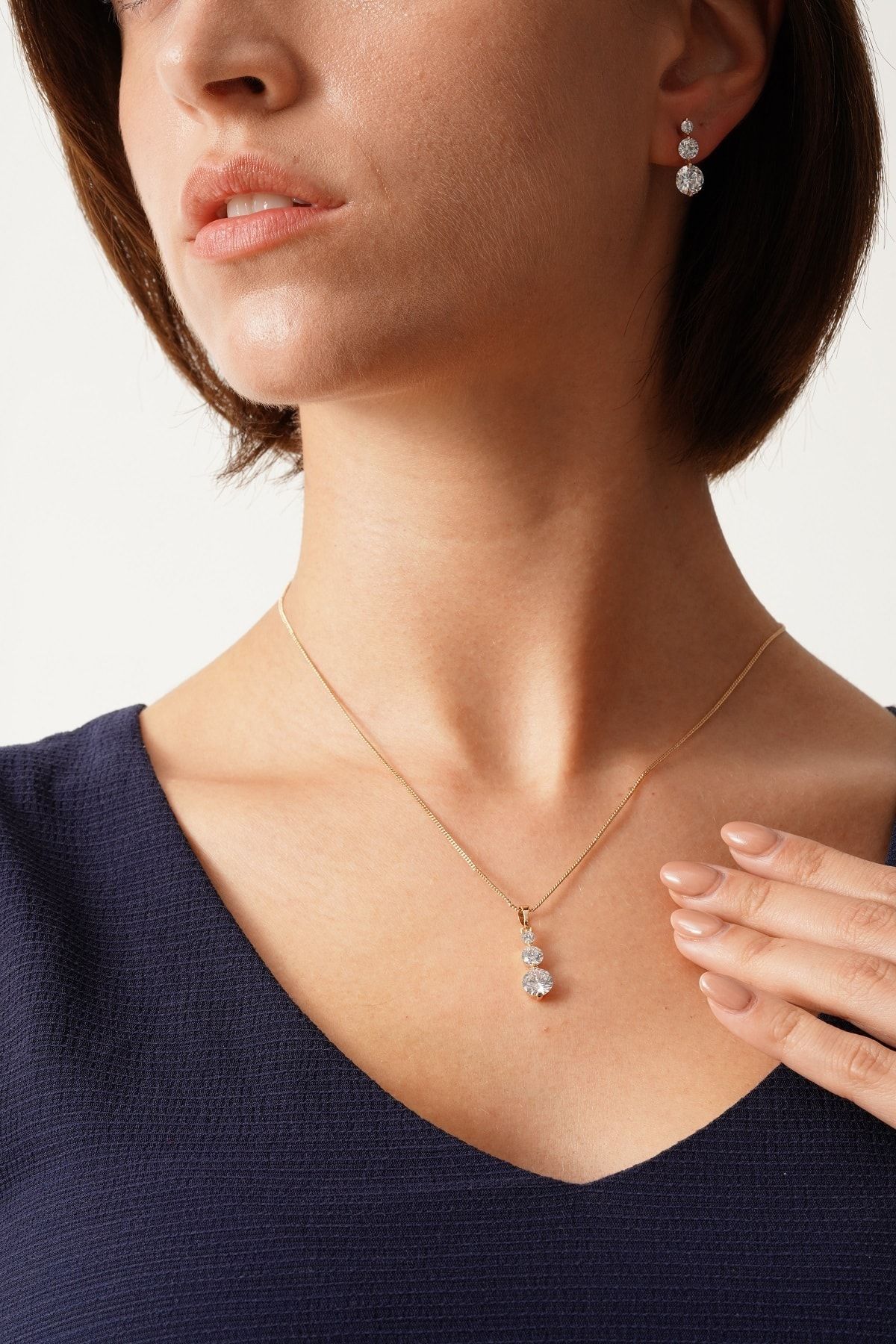 BAYKAL EM1 Miraye Store Üç Taşlı Swarovski Kolye Küpe Takım