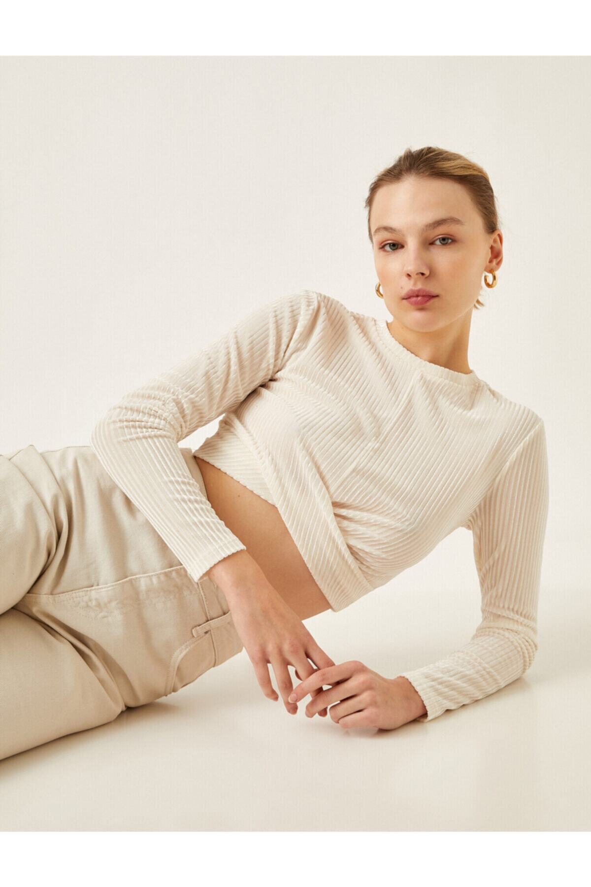 Koton Uzun Kollu Crop Tişört Fitilli Kadife