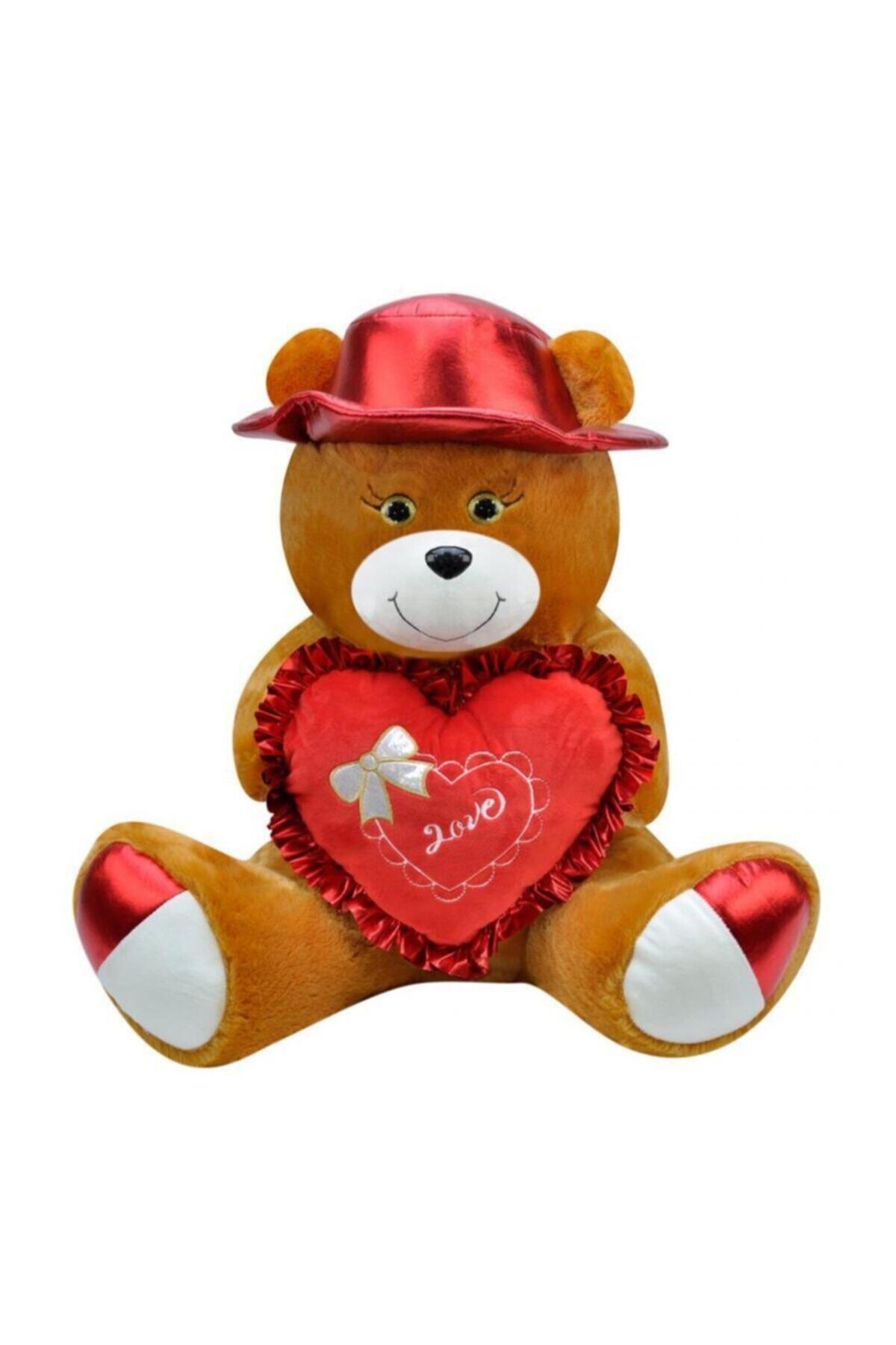 angel store Şapkalı Ayı 60 Cm Kahverengi Kalpli Pelüş Ayı Sevgiliye Hediye