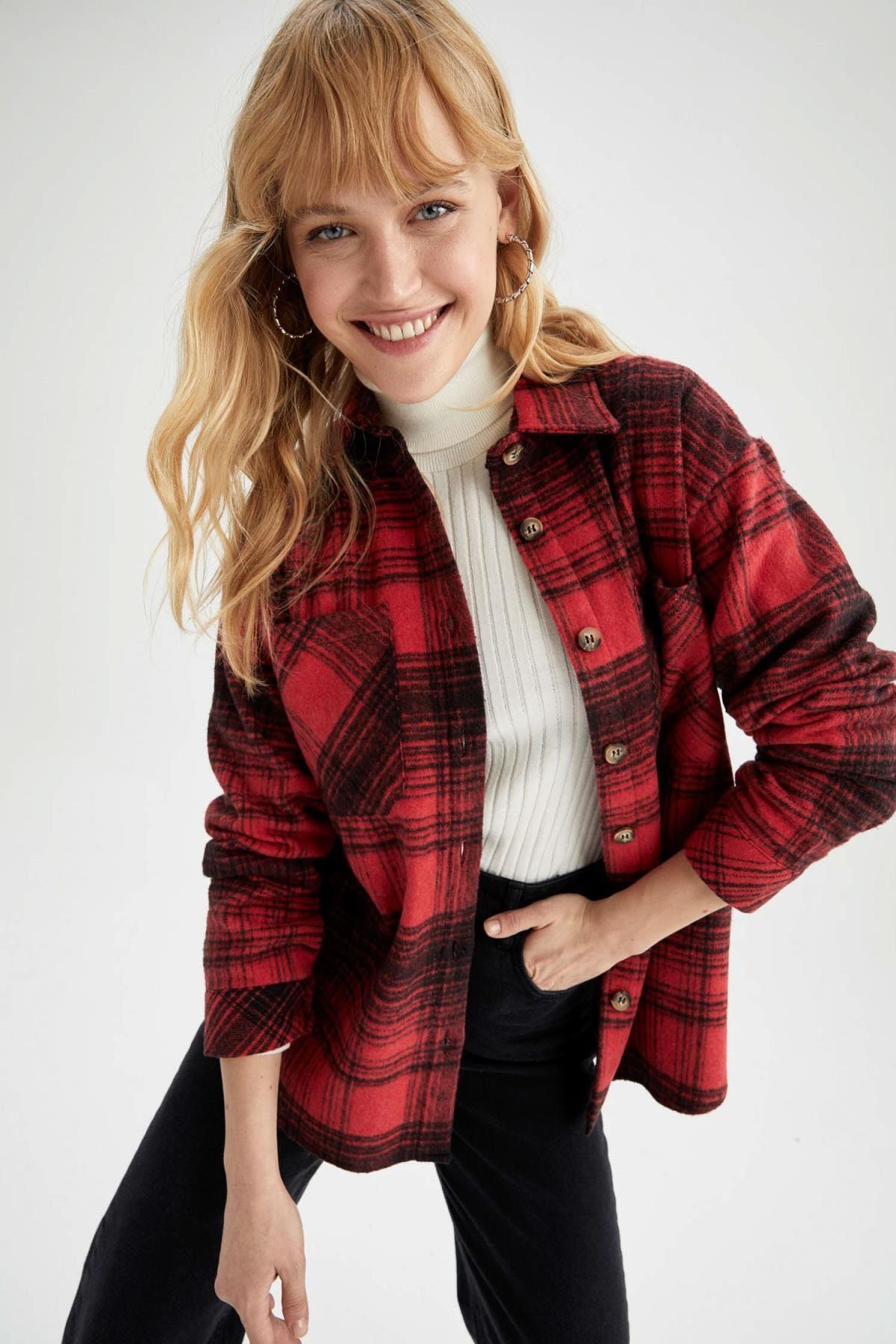 DeFacto Regular Fit Ekose Desenli Cep Detaylı Flanel Oduncu Gömlek Tunik