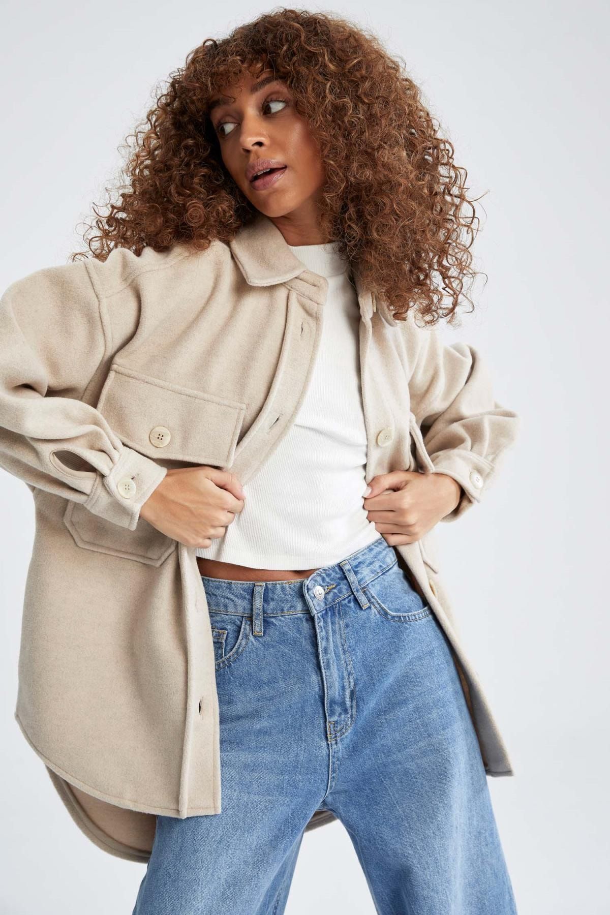 DeFacto Oversize Fit Gömlek Yaka Uzun Kollu Flanel Gömlek Tunik