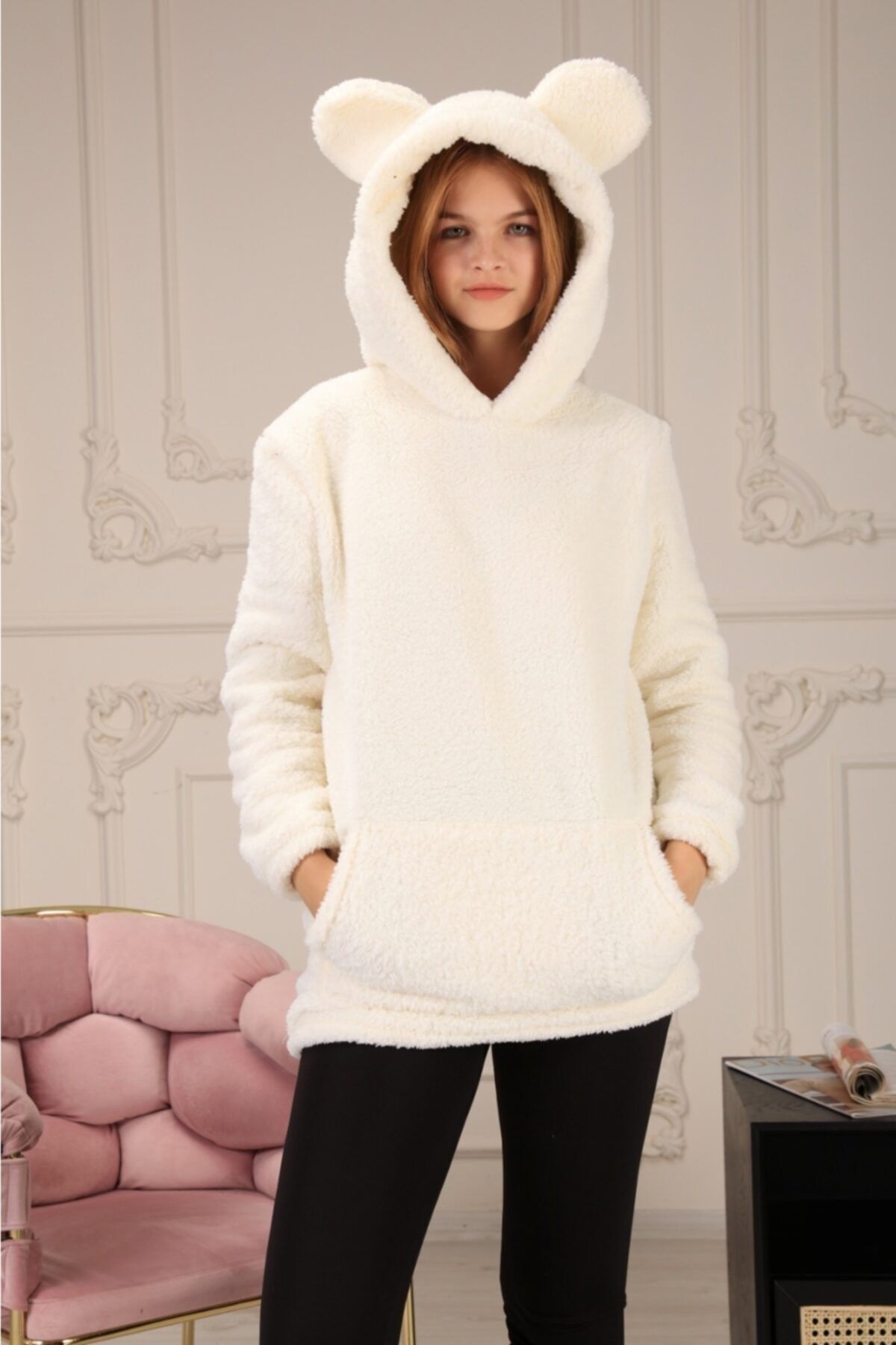 Fumos Peluş Uzun Hırka Fermuarlı Dik Yaka Hırka Tunik Elbise