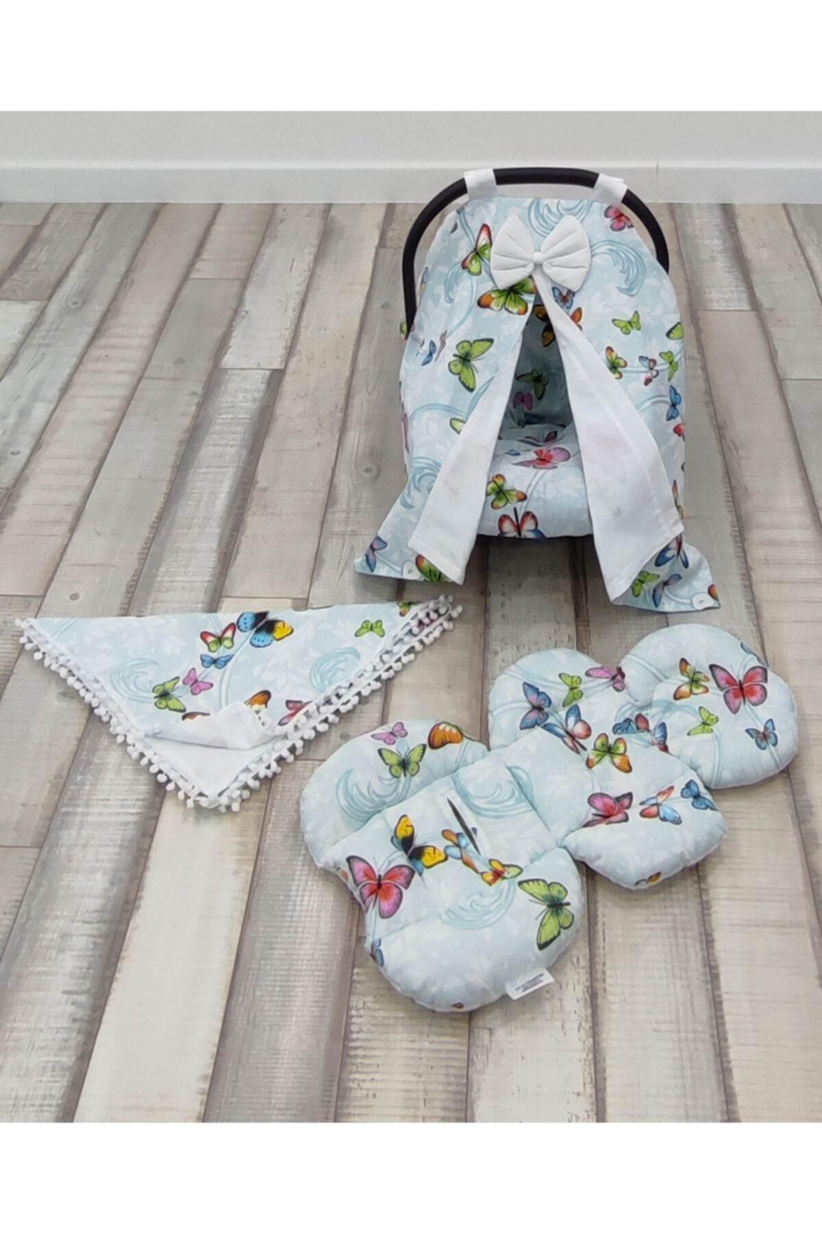 mordesign Ortopedik Puset Minderi, Örtü, Çarşaf Ve Bebek Pikesi, 4' Lü Set, %100 Pamuklu Kumaş, Mavi Kelebek