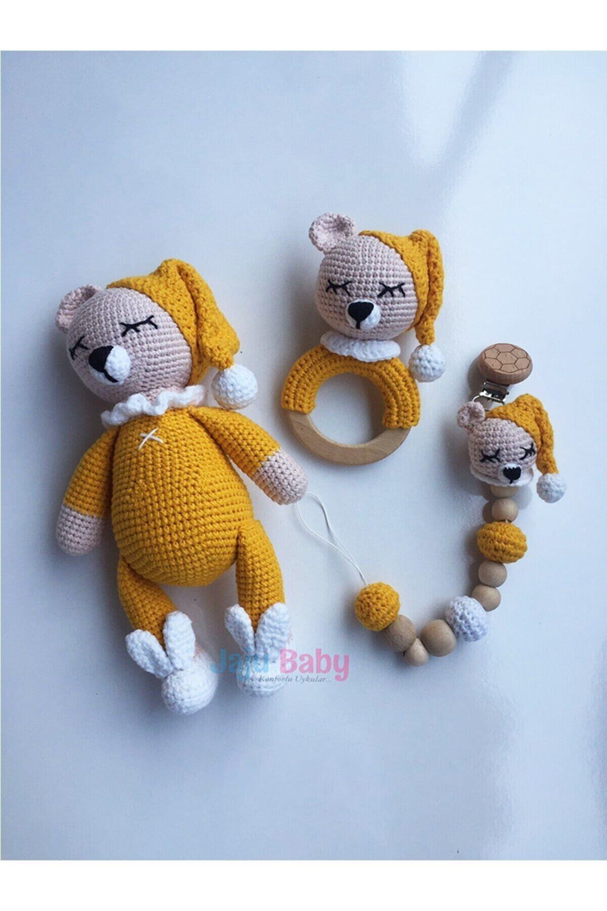 Jaju Baby Amigurumi Sarı Uykucu Ayıcık 22 Cm Çıngırak Ve Emzik Zinciri Üçlü Set