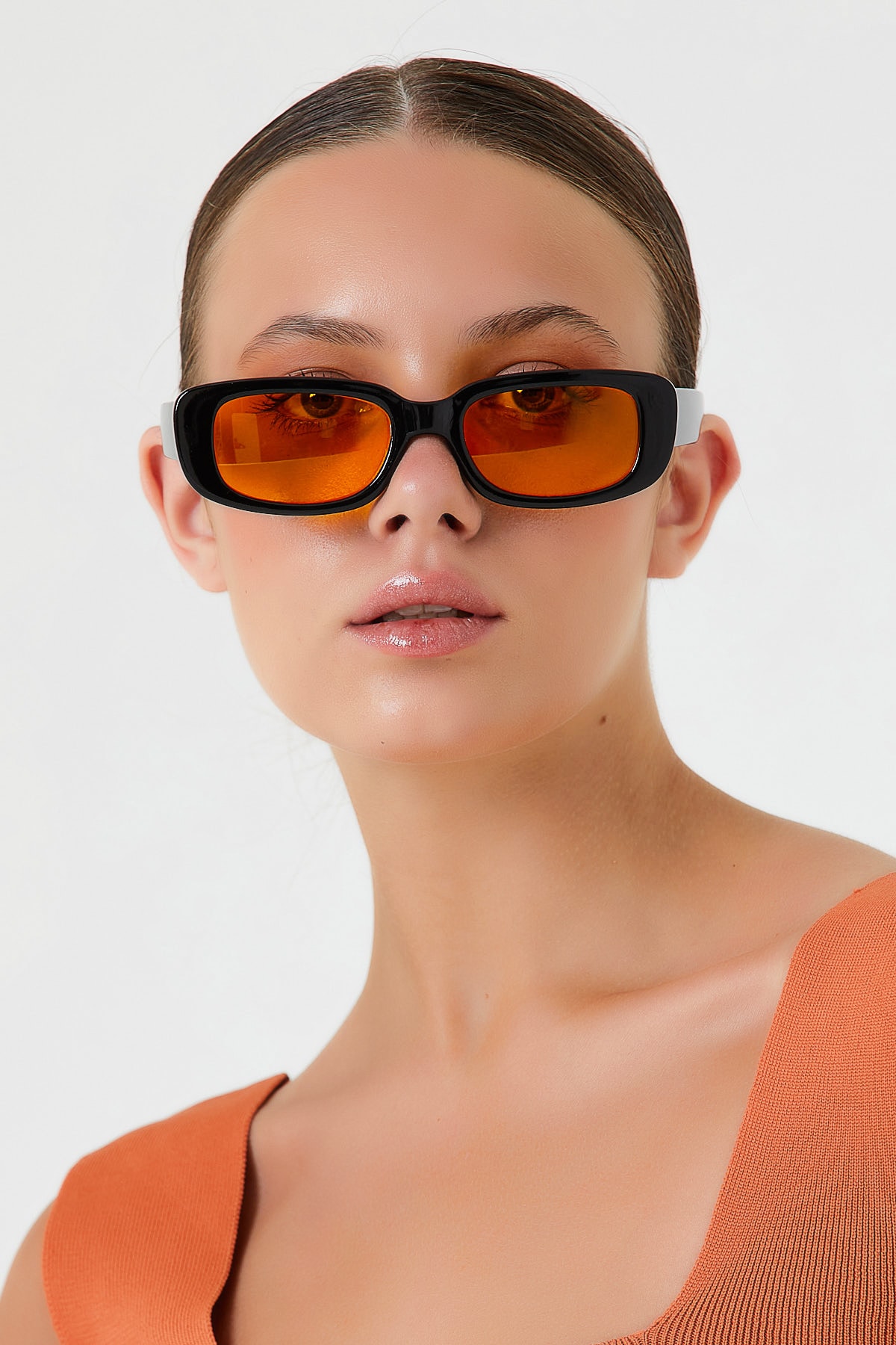Nilu Moda Unisex Turuncu Siyah Kare Dikdörtgen Retro Güneş Gözlüğü