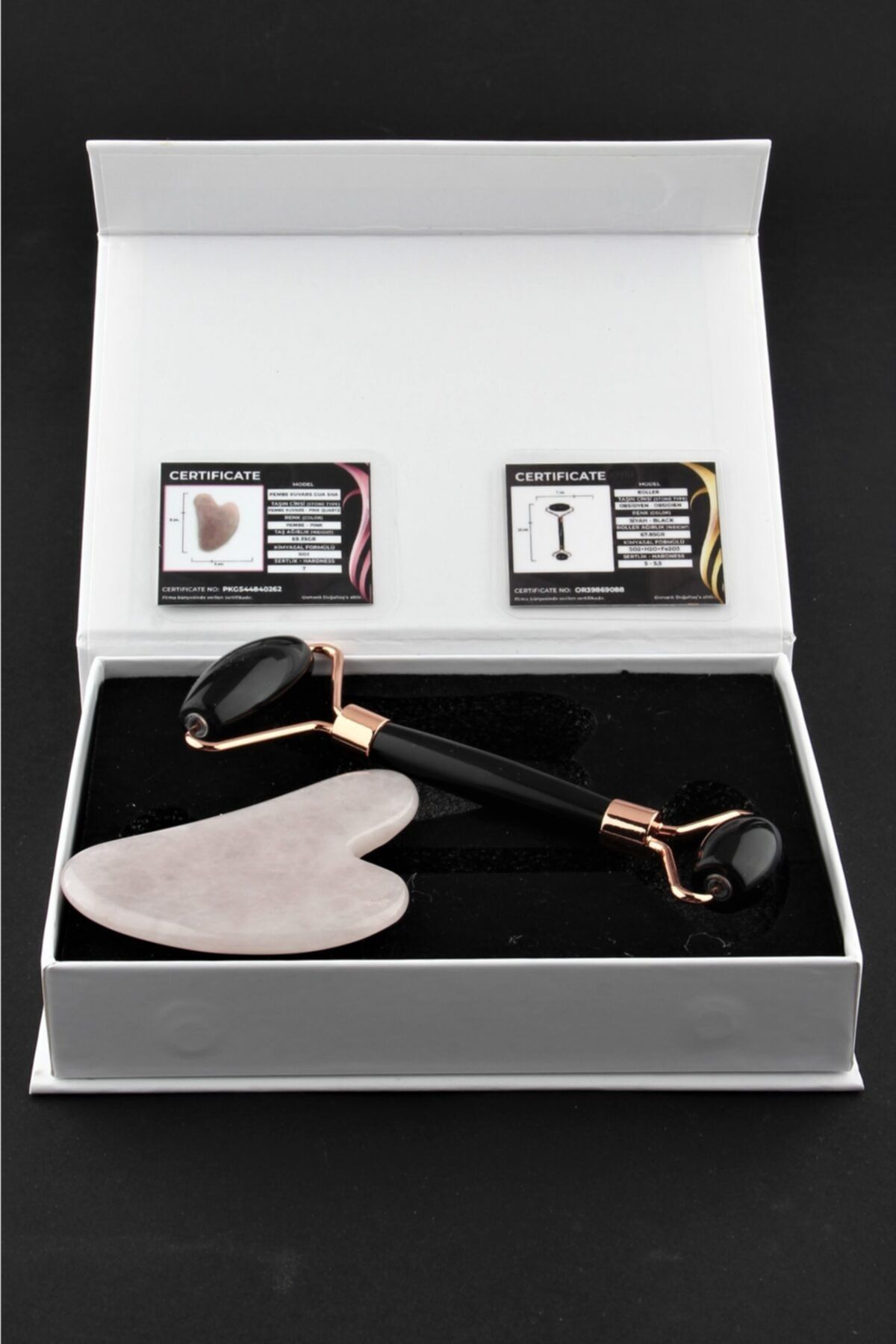OSMANLI DOĞAL TAŞ Obsidyen Masaj Taşı Roller Ve Pembe Kuvars Gua Sha (kalp Tasarımlı) Set