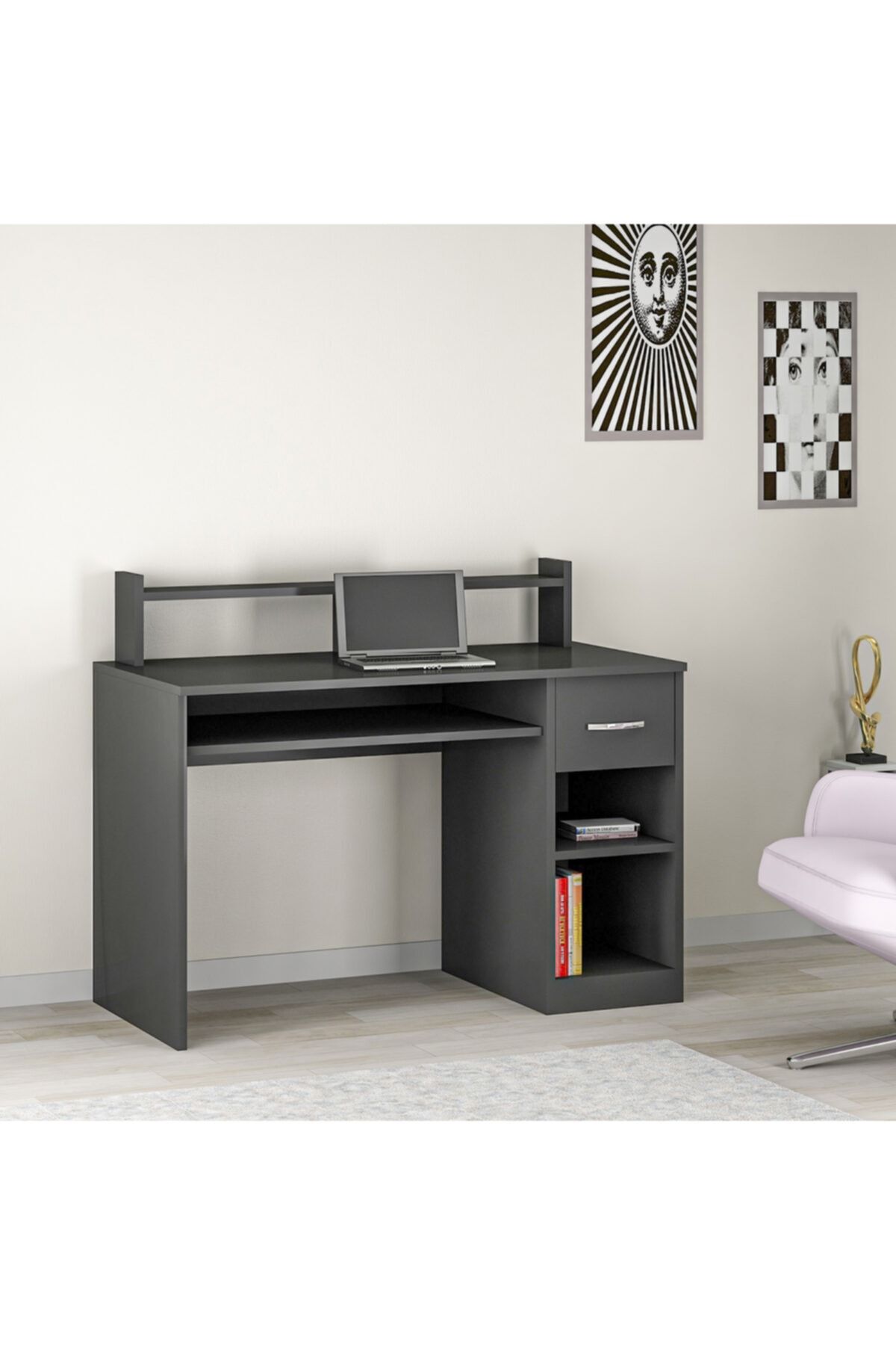 ARNETTİ Eslem Çalışma Masası Antrasit 94x120x55 Çekmeceli Ve Raflı Kolay Kurulum