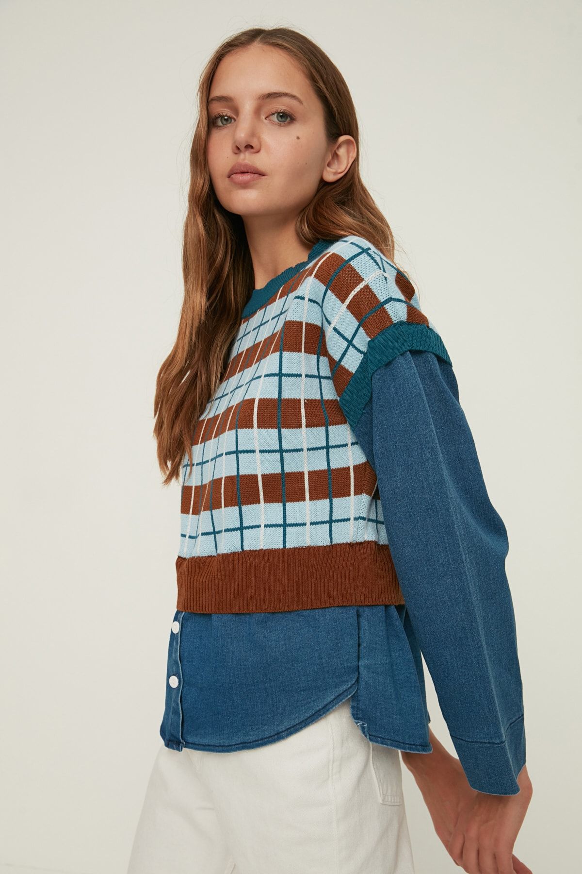 TRENDYOLMİLLA Camel Denim Garnili Triko Kazak TWOAW22SV0125