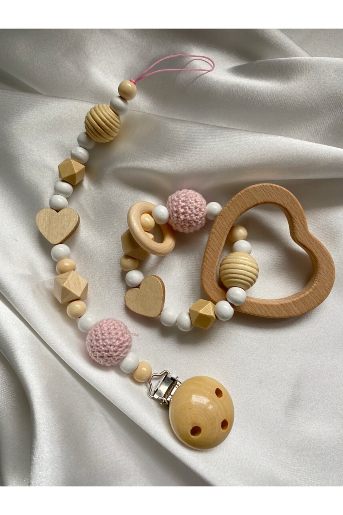 Pasha Collection Ahşap Diş Kaşıyıcılı Kalp Çıngırak, Amigurumi Ahşap Kalp Figürlü Emzik Zinciri Ikili Set