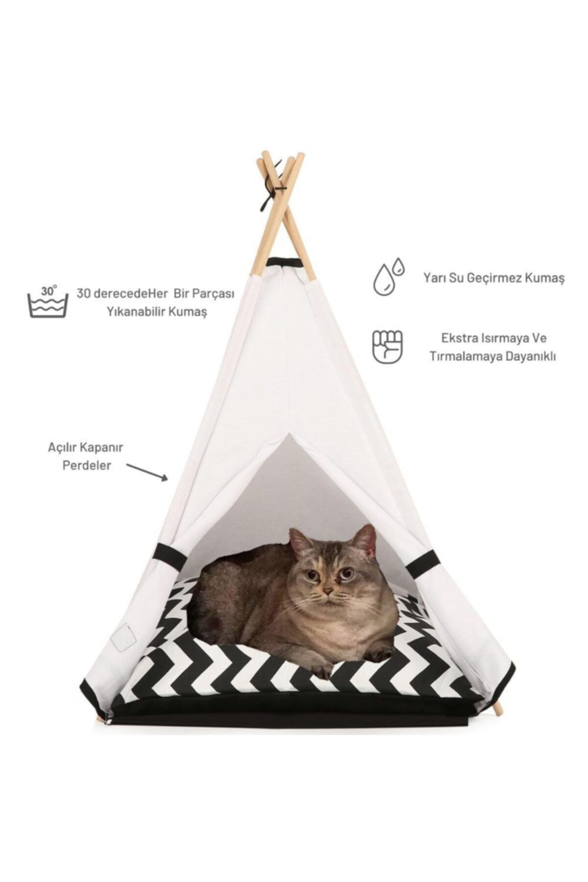 Teepee House Yarı Su Geçirmez Kumaşlı Yıkanabilir Zigzag Yataklı Beyaz Kedi Çadırı