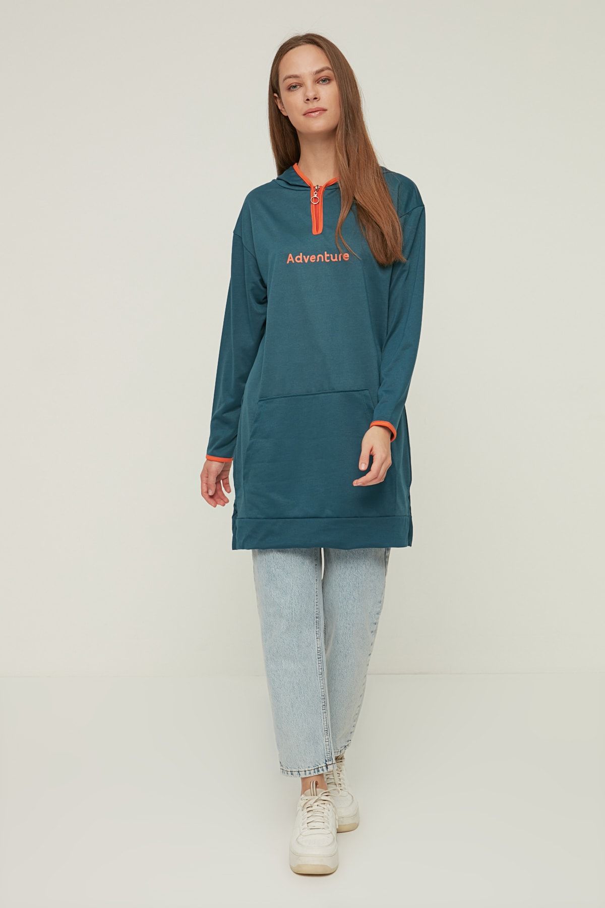 Trendyol Modest Petrol Kapüşonlu Fermuar Detaylı Örme Sweatshirt TCTAW22TW0231