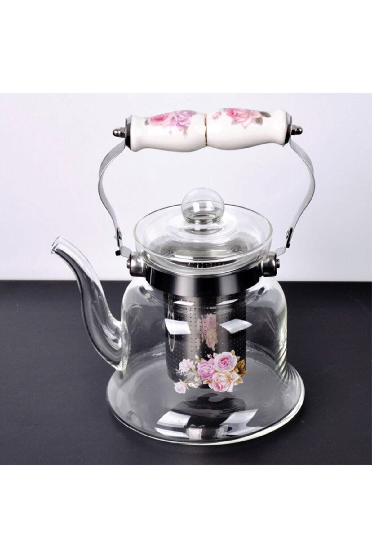 Paçi Porselen Saplı Ateşe Isıya Dayanıklı Süzgeçli Termisil Cam Demlik 900 ml