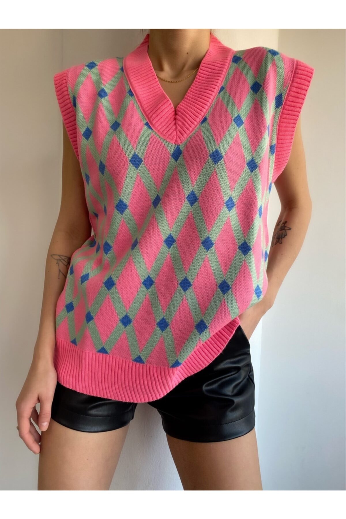 Angel Mia Baklava Desen Renkli Süveter Pembe