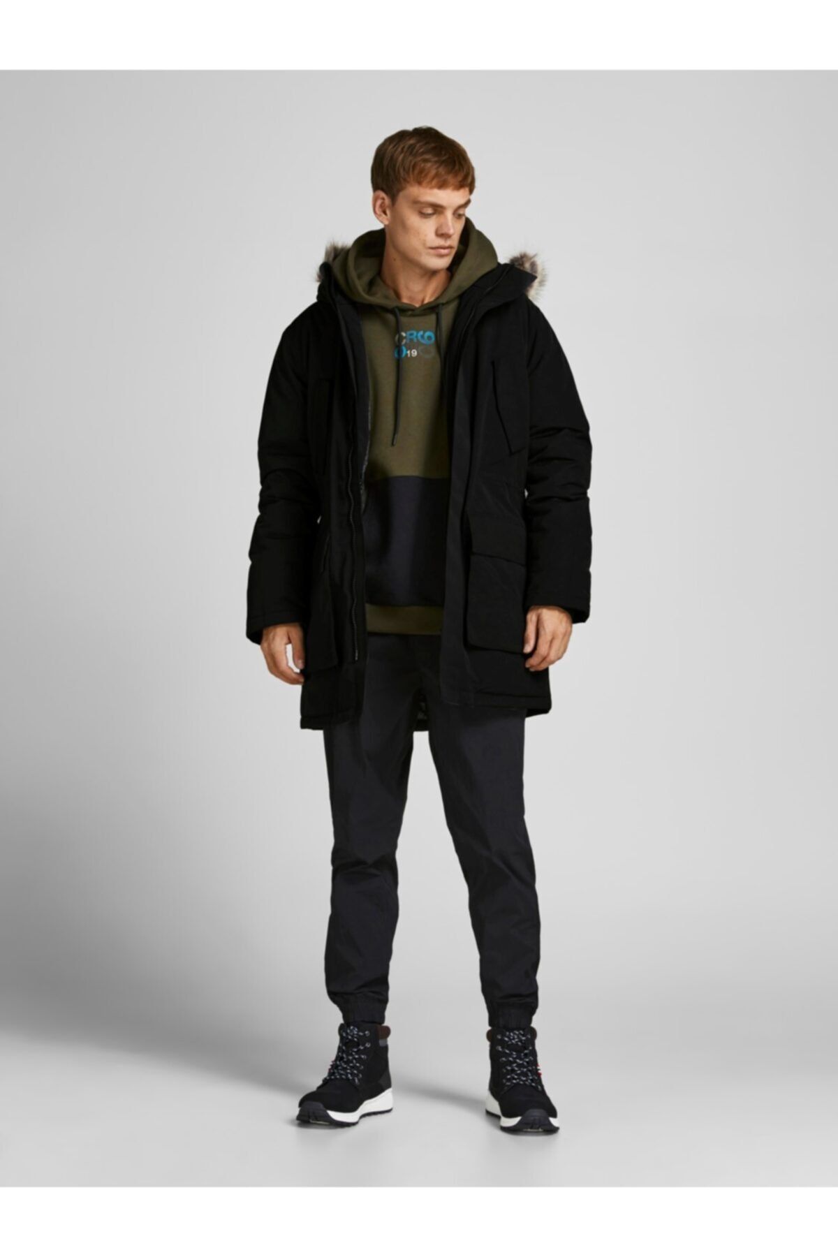 Jack & Jones Jjsuper Parka Ln Su Geçirmez Kapüşonlu Kürklü Siyah Erkek Parka