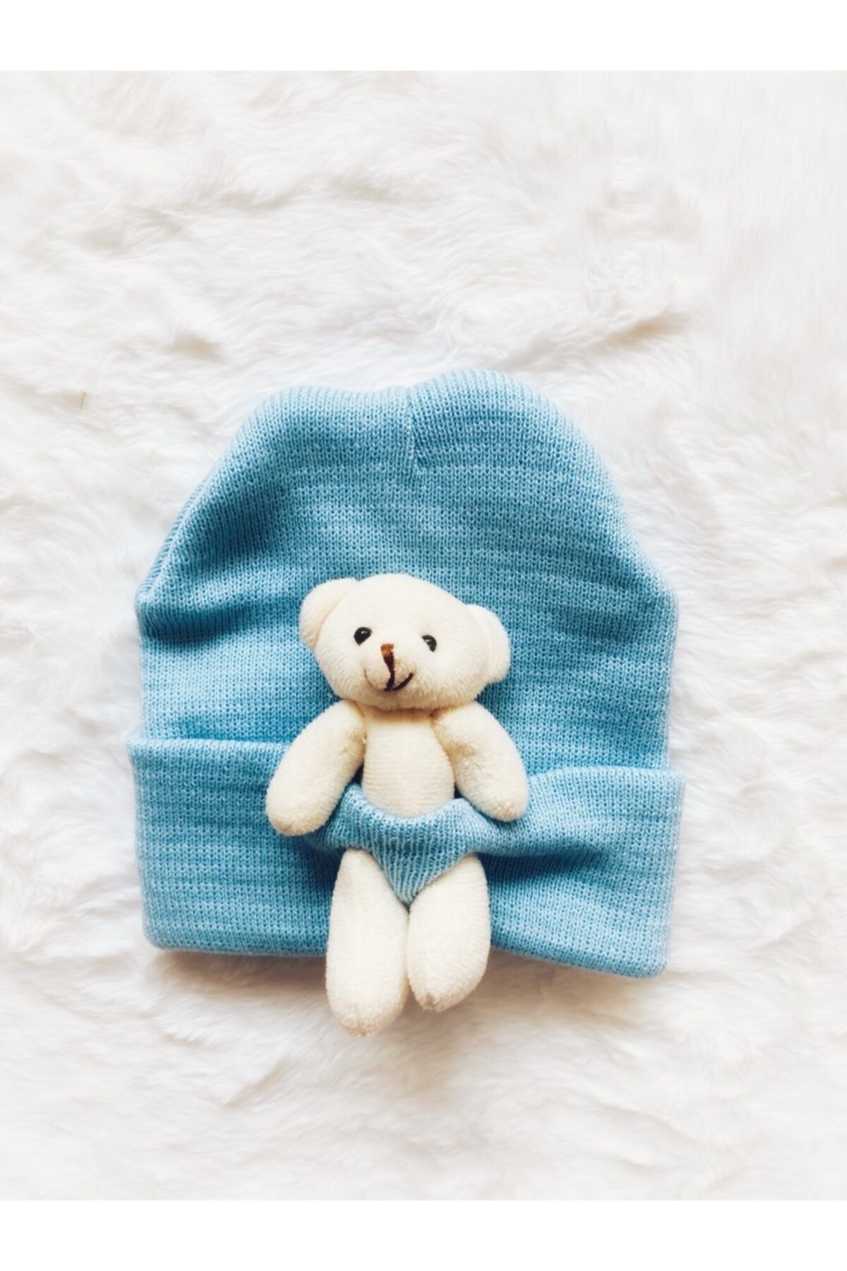 Lolliboomkids Erkek Çocuk Kız Çocuk Genç Unisex Bebe Mavi Renk Triko Dokuma Peluş Ayıcık Figürlü Bere Yeni Yıl