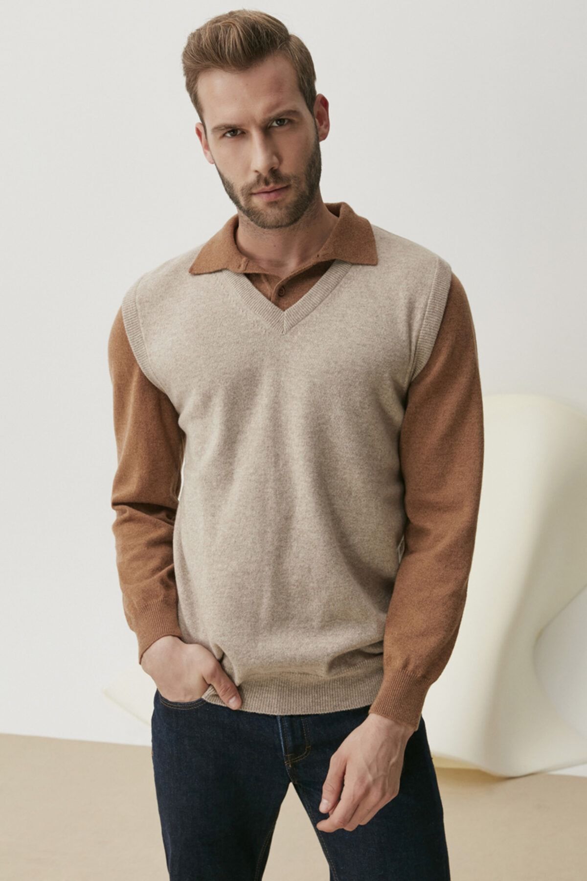 Silk and Cashmere Saf Kaşmir Gio V Yaka Erkek Süveter