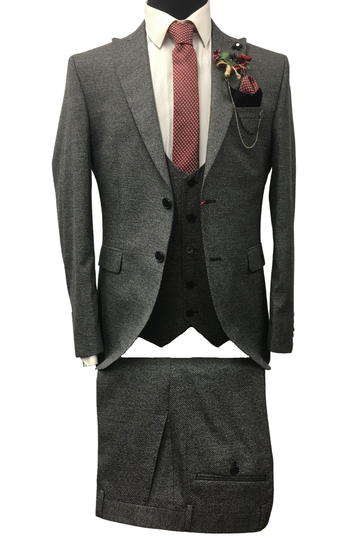 By Mustafa Erkek Füme Desenli Slim Fit Yelekli Takım Elbise 1548