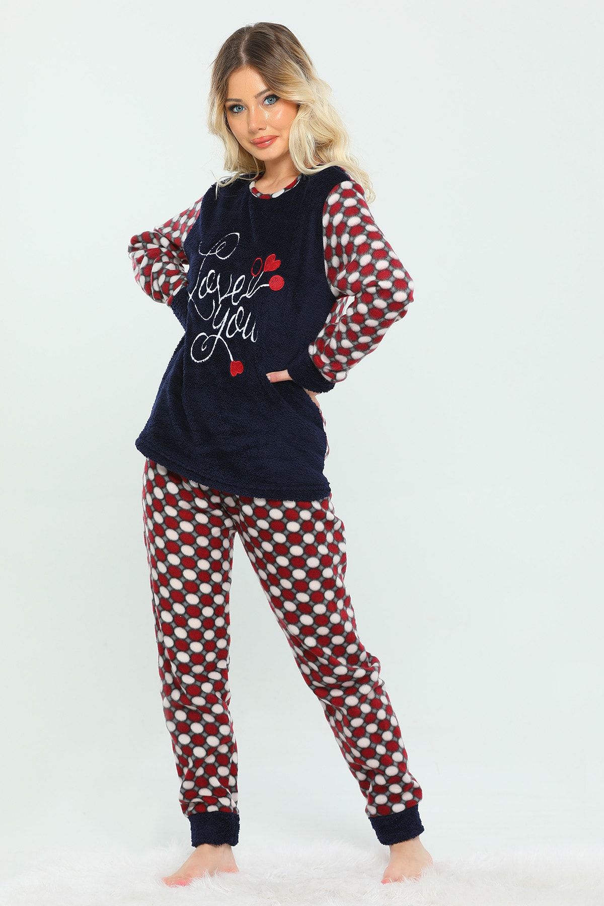julude Bisiklet Yaka Baskılı Kadın Polar Pijama Takımı