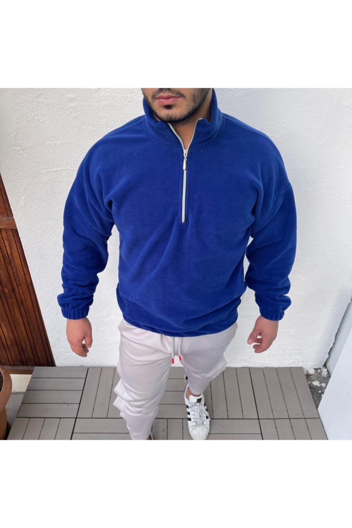 TA COLLECTİON Unisex Saks Mavi Yarı Fermuarlı Bato Yaka Polar Sweatshirt