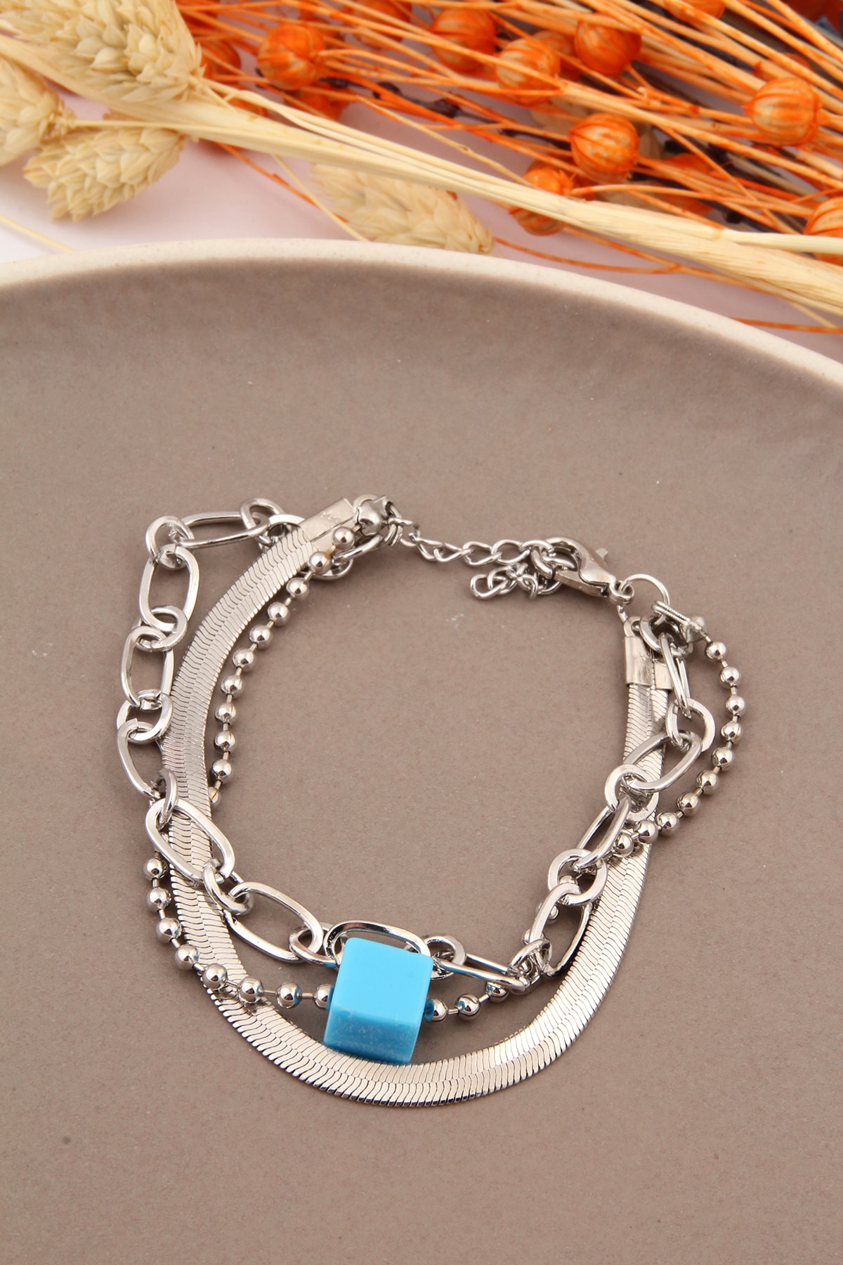 Pelin Aksesuar Italyan Zincirli Üç Katlı Mavi Boncuklu Bileklik