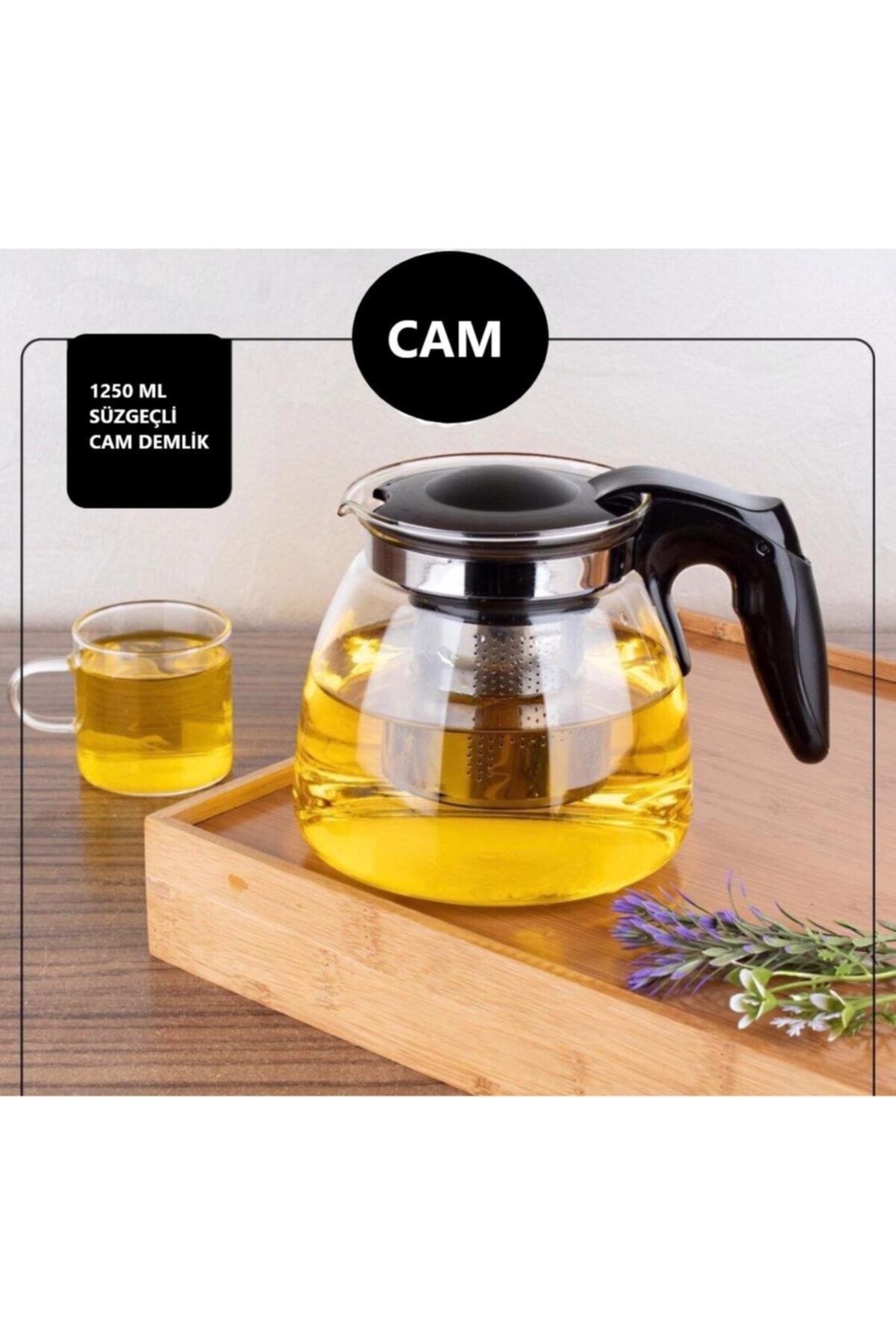esmınahome Çelik Süzgeçli Cam Demlik 1250 Ml Bitki Çayı Demliği Cam