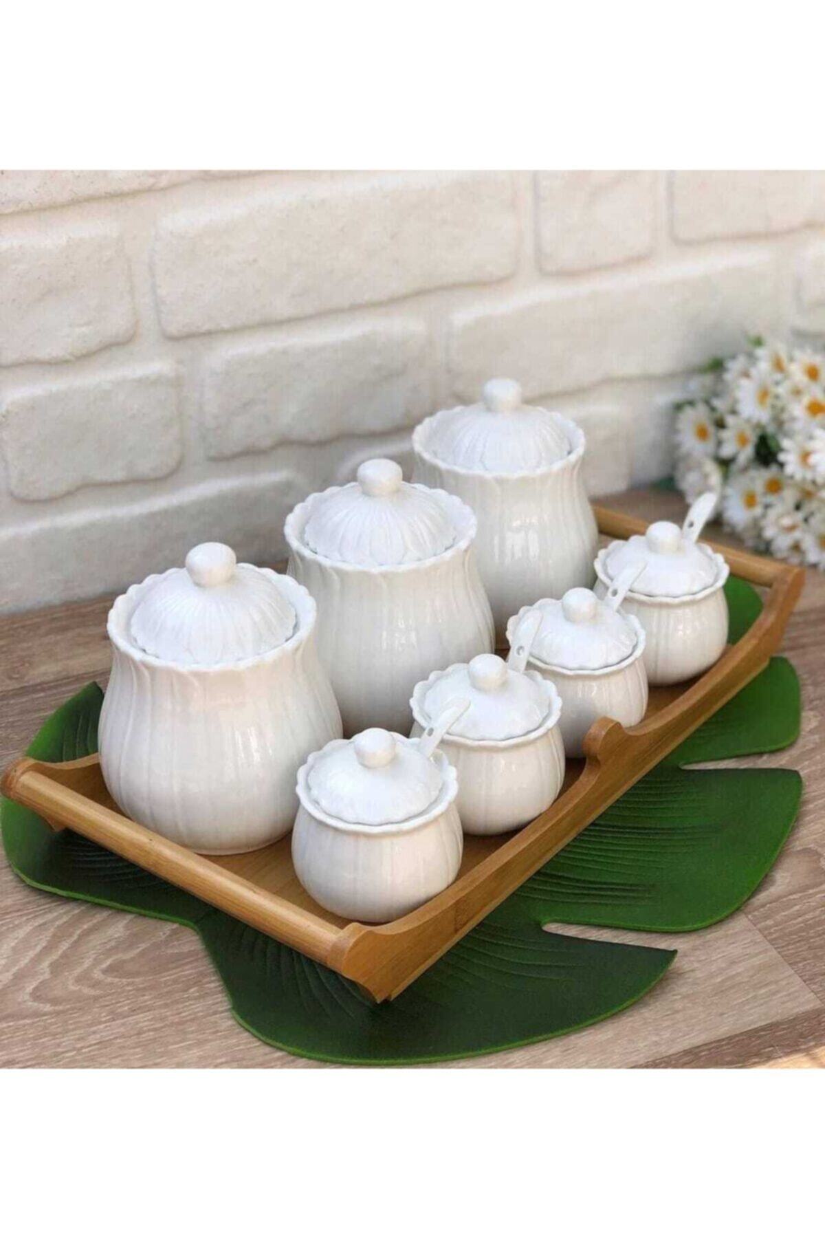 Bycomo Bambu Standlı Papatya Model Porselen Baharatlık Kavanoz Seti