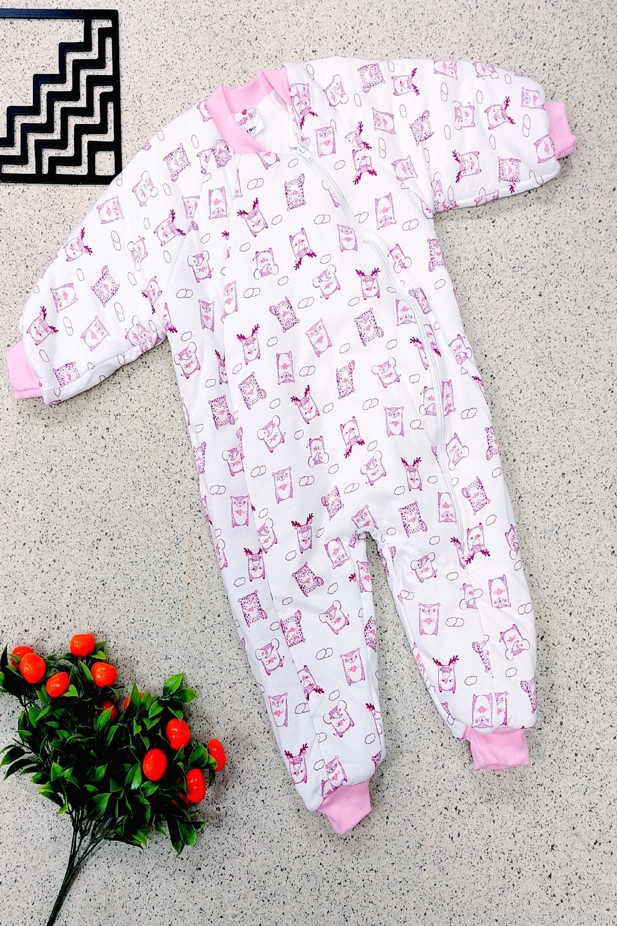 ÖZLEM BEBE Desenli Boydan Fermuarlı Kız Bebek Uyku Tulumu