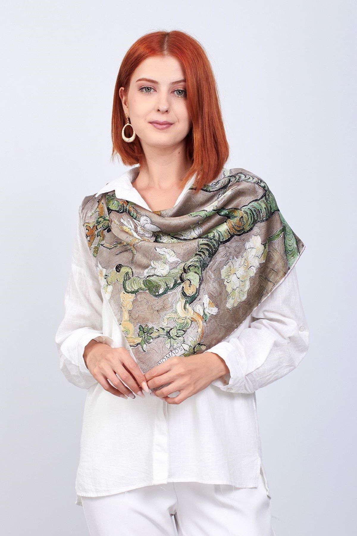 Nomads Felt %100 Ipek Bej Kare Fular Van Gogh Almond Blossoms 90 Cm