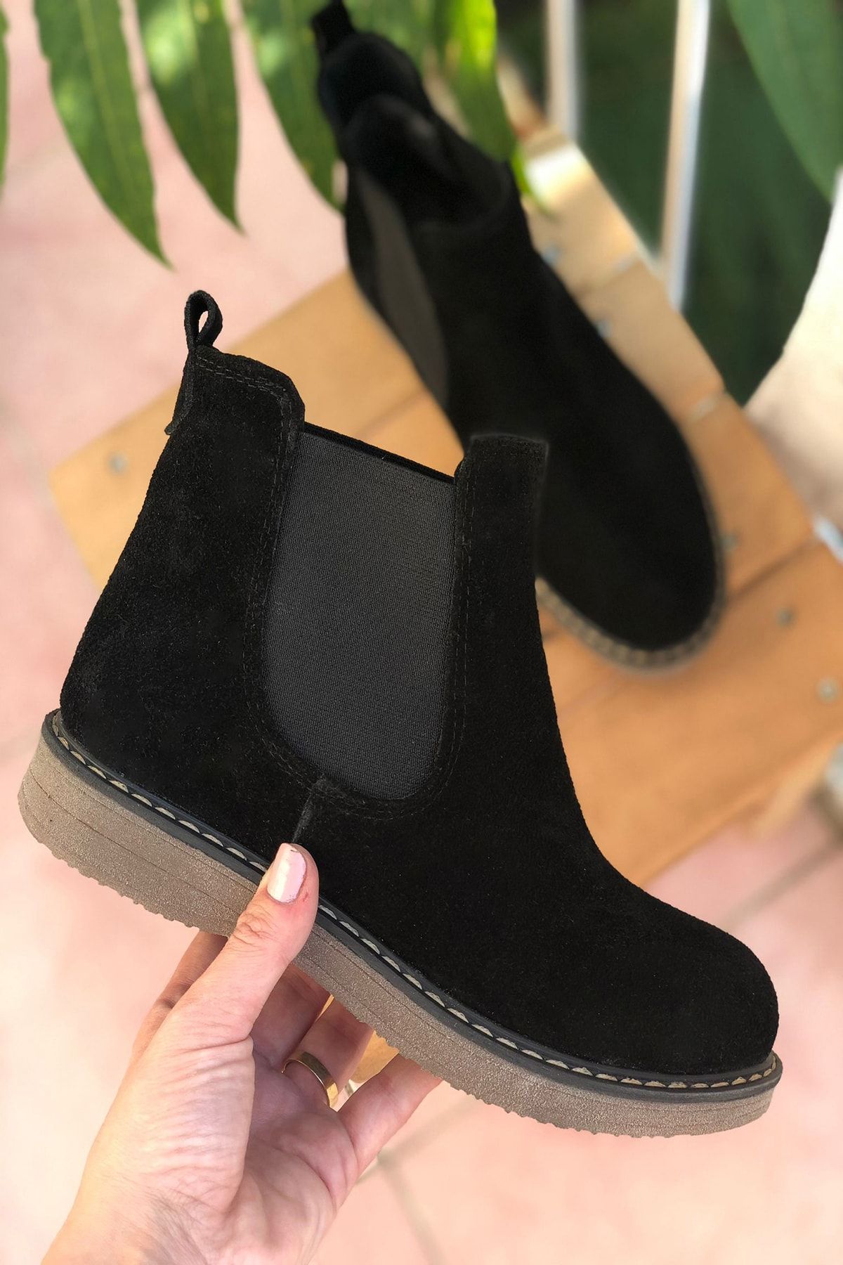 Mida Shoes Hakiki Deri Siyah Süet Lastikli Bot