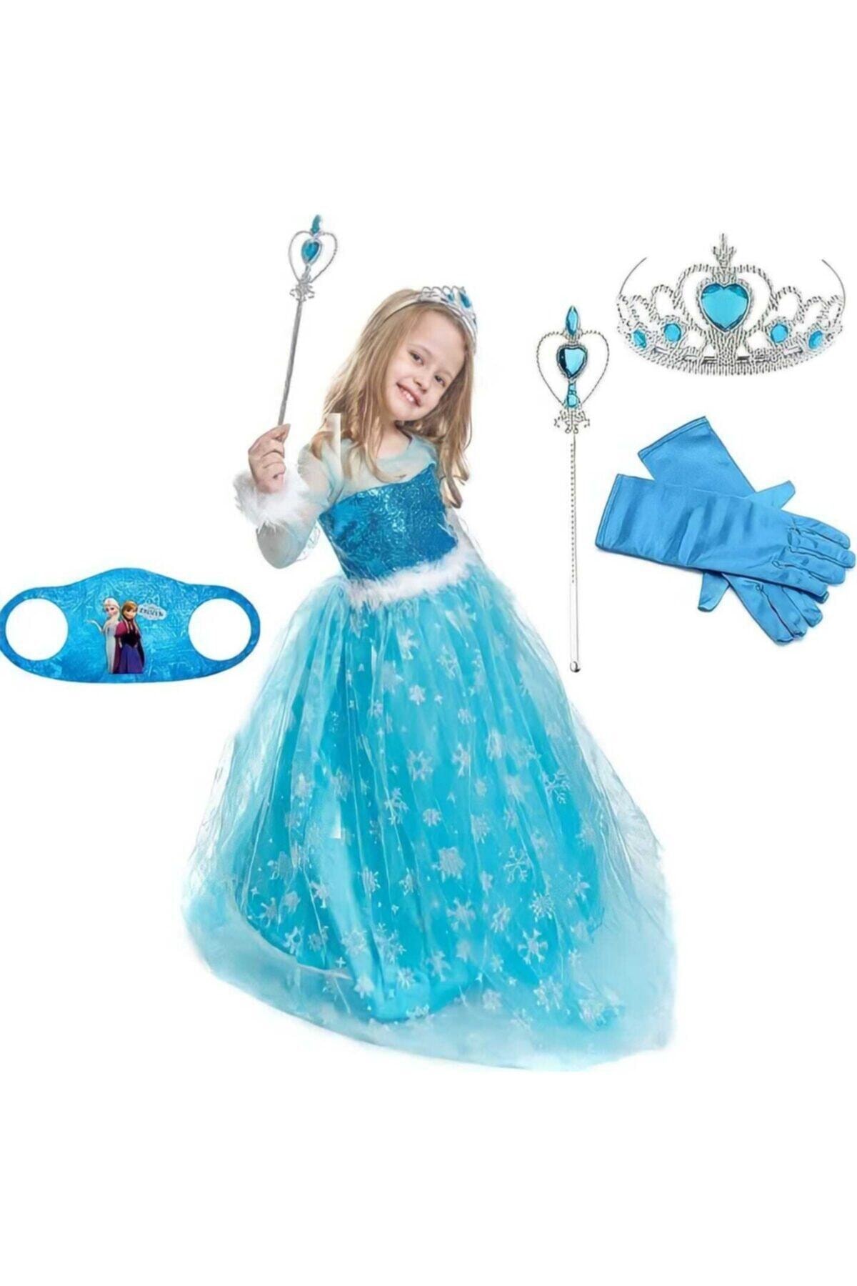 parti selesi Frozen Kostüm Taç Asa Eldiven Maske Hediye - Frozen Uzun Kollu Tarlatanlı Kostüm - Elsa Elbise