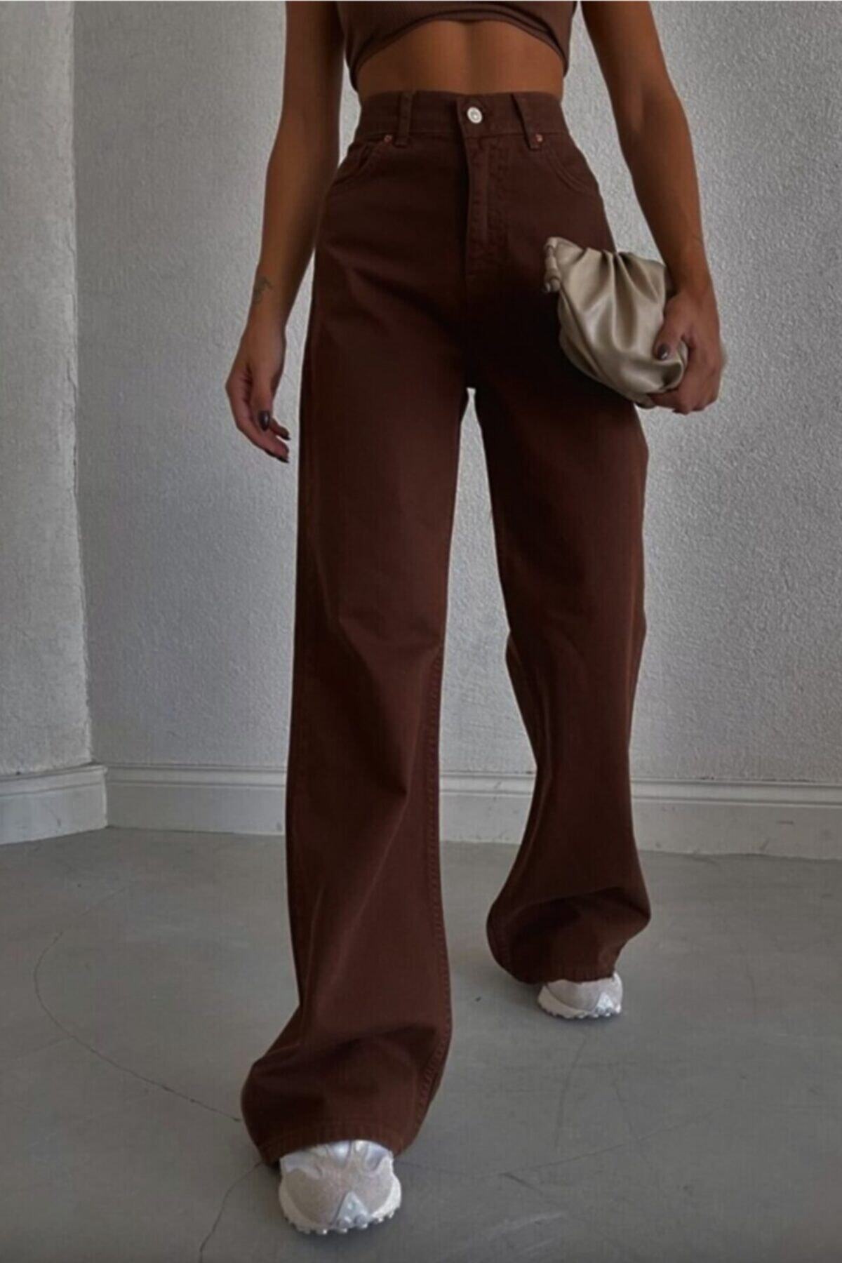 DELİ DOLU MODA Kahverengi Bol Paça Pantolon