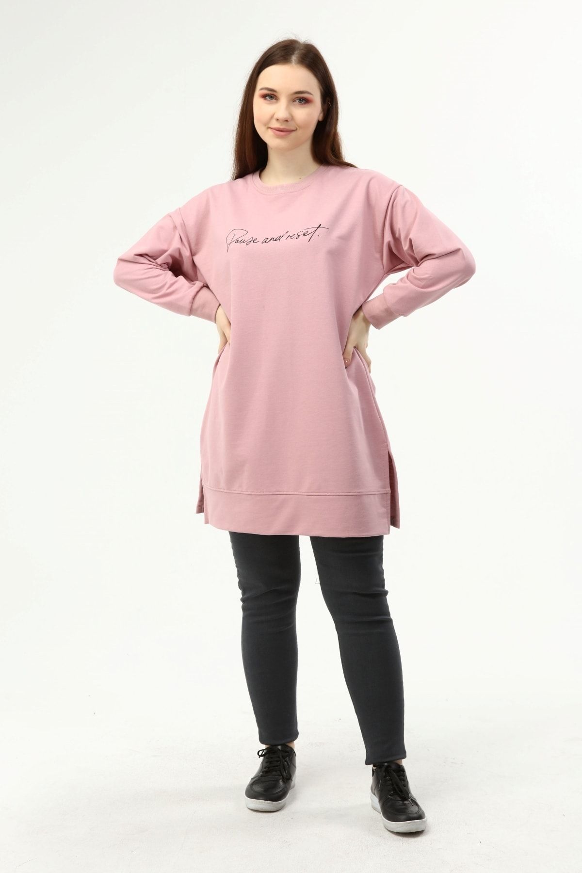 Birol Triko Kadın Pembe Sloganlı Tunik