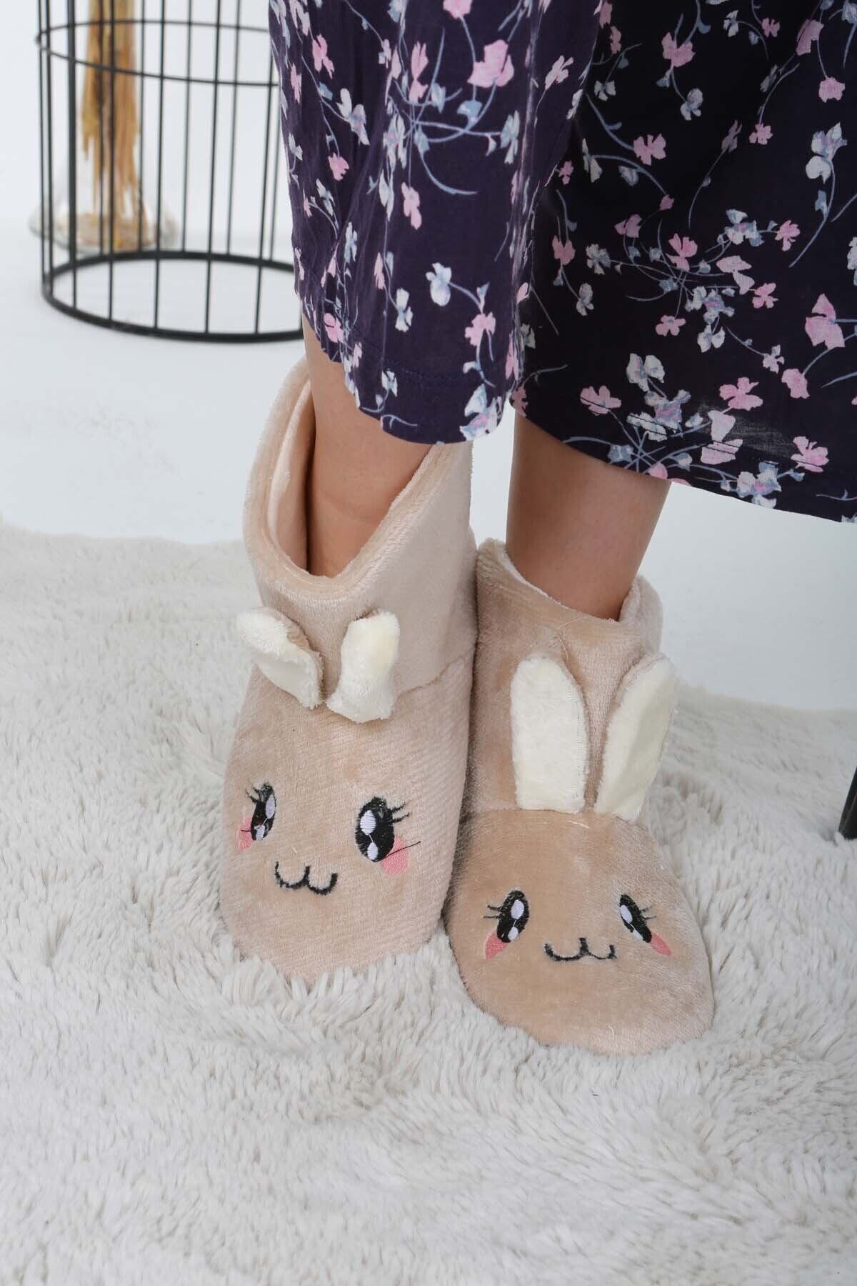 keyif.co Krem Renk Tavşan Kadın Panduf Ev Botu