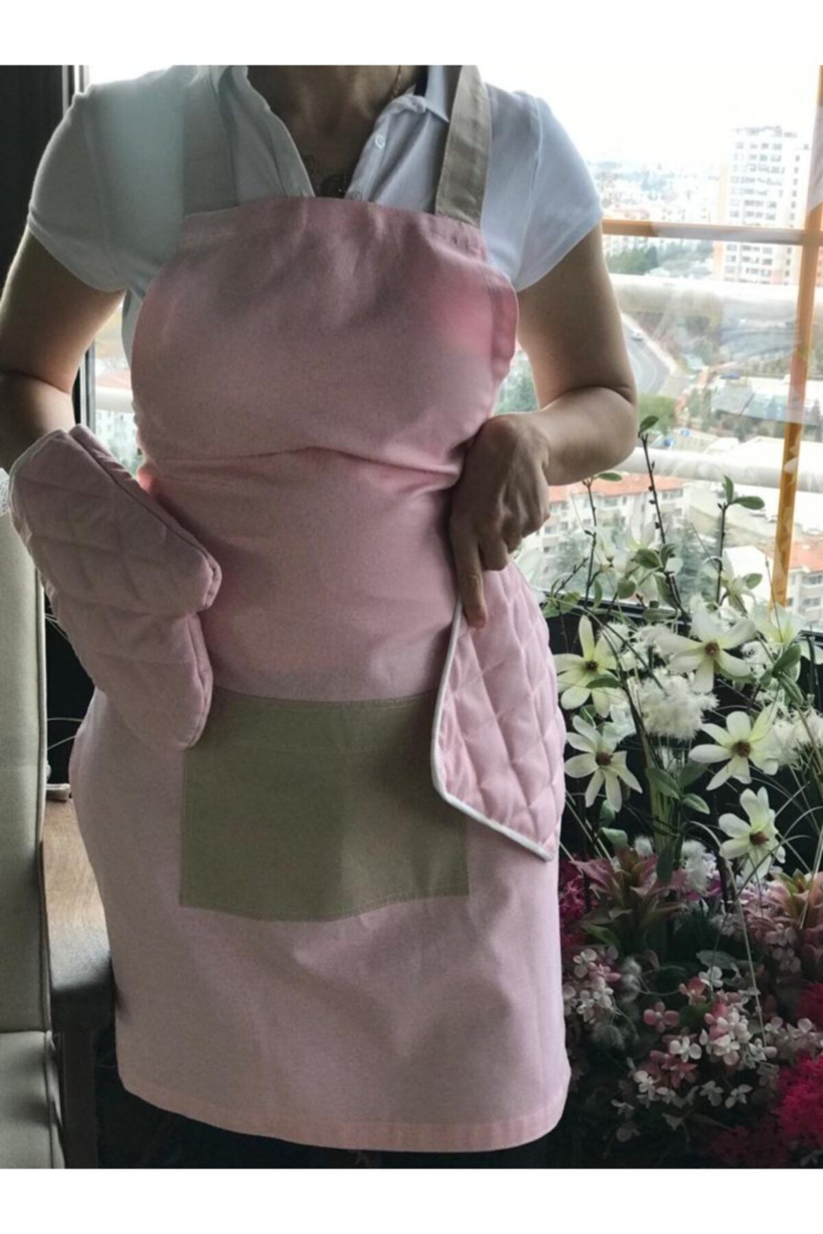 Lavida Home Özel Tasarim Mutfak Önlüğü Fırın Eldiveni Ve Tutacak 3 Lü Mutfak Seti Pembe Kahve