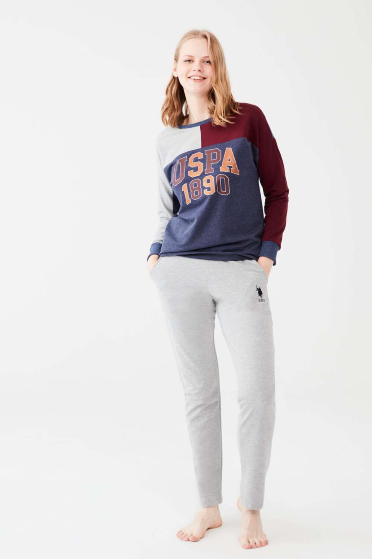 U.S. Polo Assn. Kadın Lacivert Melanj Yuvarlak Yaka Pijama Takım