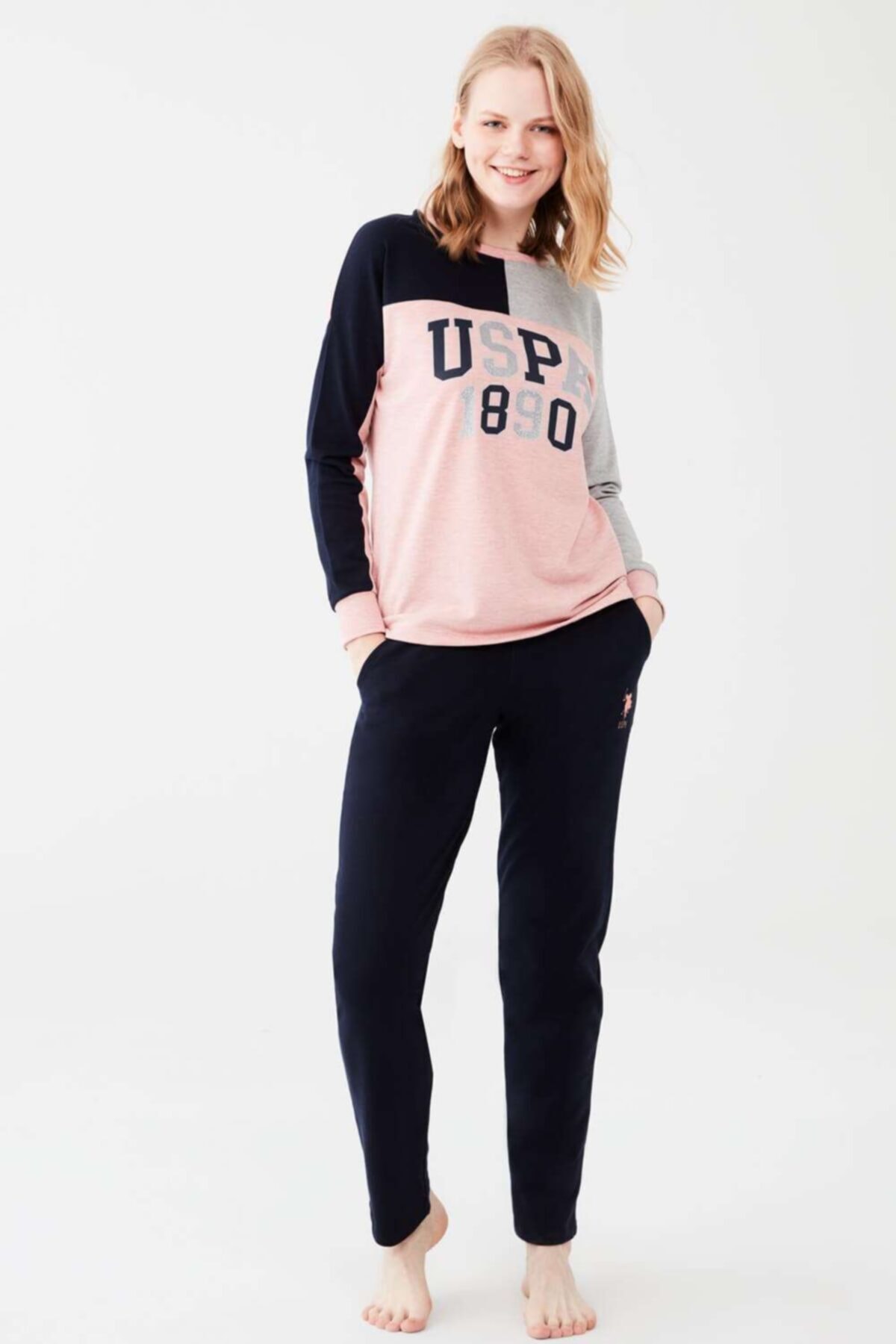 U.S. Polo Assn. Kadın Pembe Melanj Yuvarlak Yaka Pijama Takım