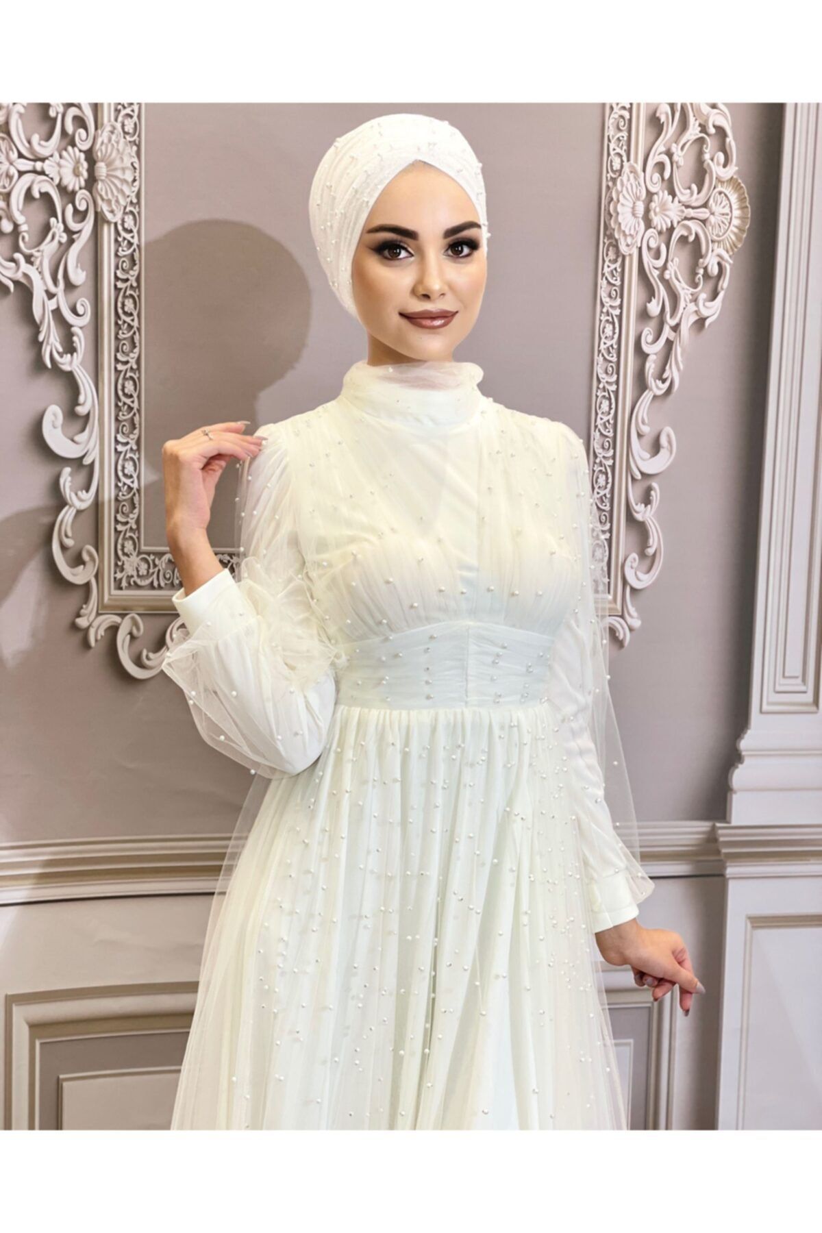 Gülşah Moda Tesettür & Hazır Türban Inci Model Beyaz Elbise