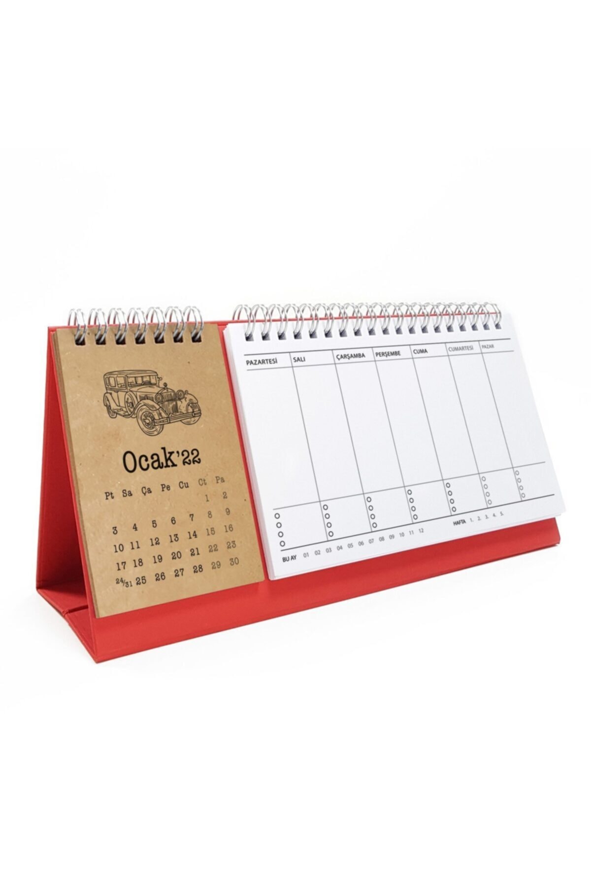 bi'aldım Klasik Arabalar Haftalık Planlamalı 2022 Masa Takvimi Kraft Kırmızı