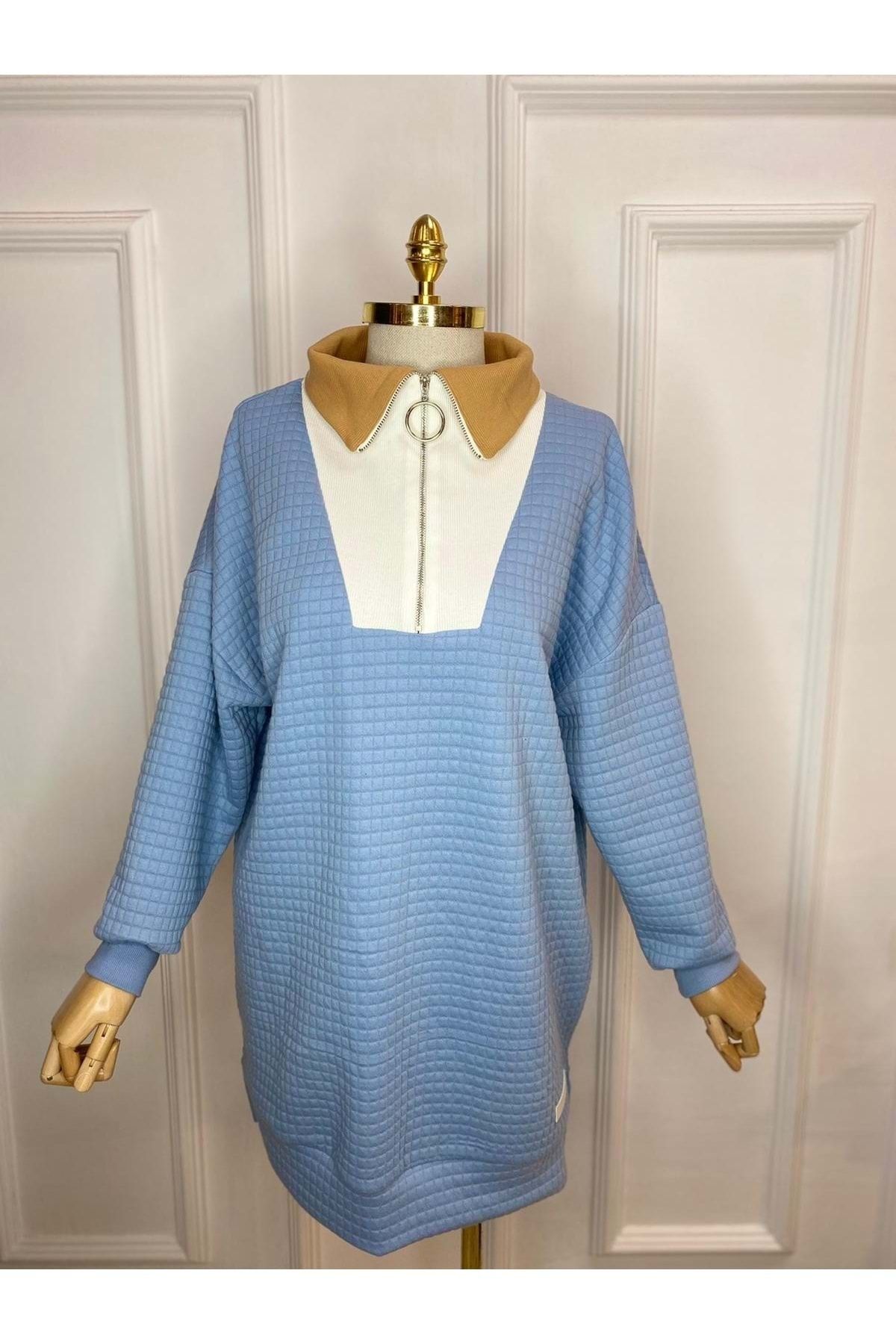 azra fashion Fermuar Yaka Sweat 30858 - Mavi - L-xl