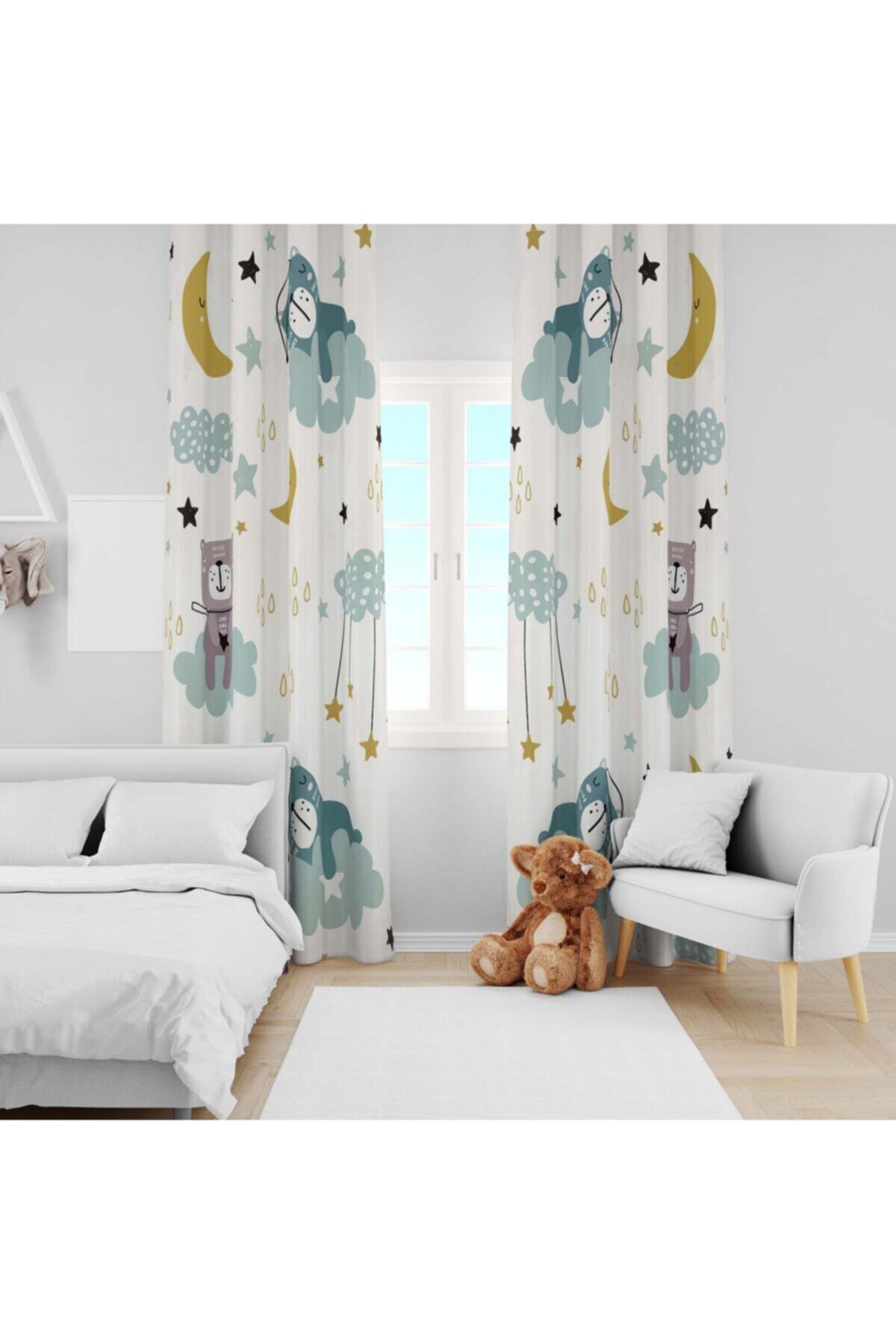 Ziu Kids Süet Dokulu Uyuyan Ayılar Desenli Bebek&çocuk Odası Dekoratif Fon Perde
