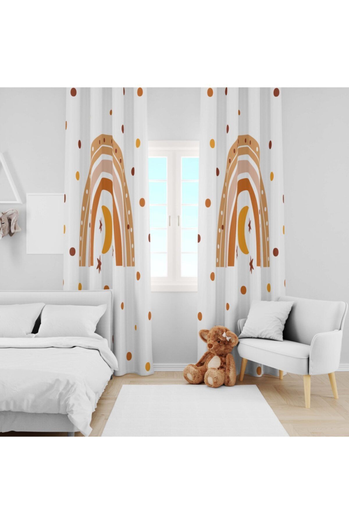 Ziu Kids Süet Dokulu Puantiyeli Gökkuşağı Desenli Bebek&çocuk Odası Dekoratif Fon Perde