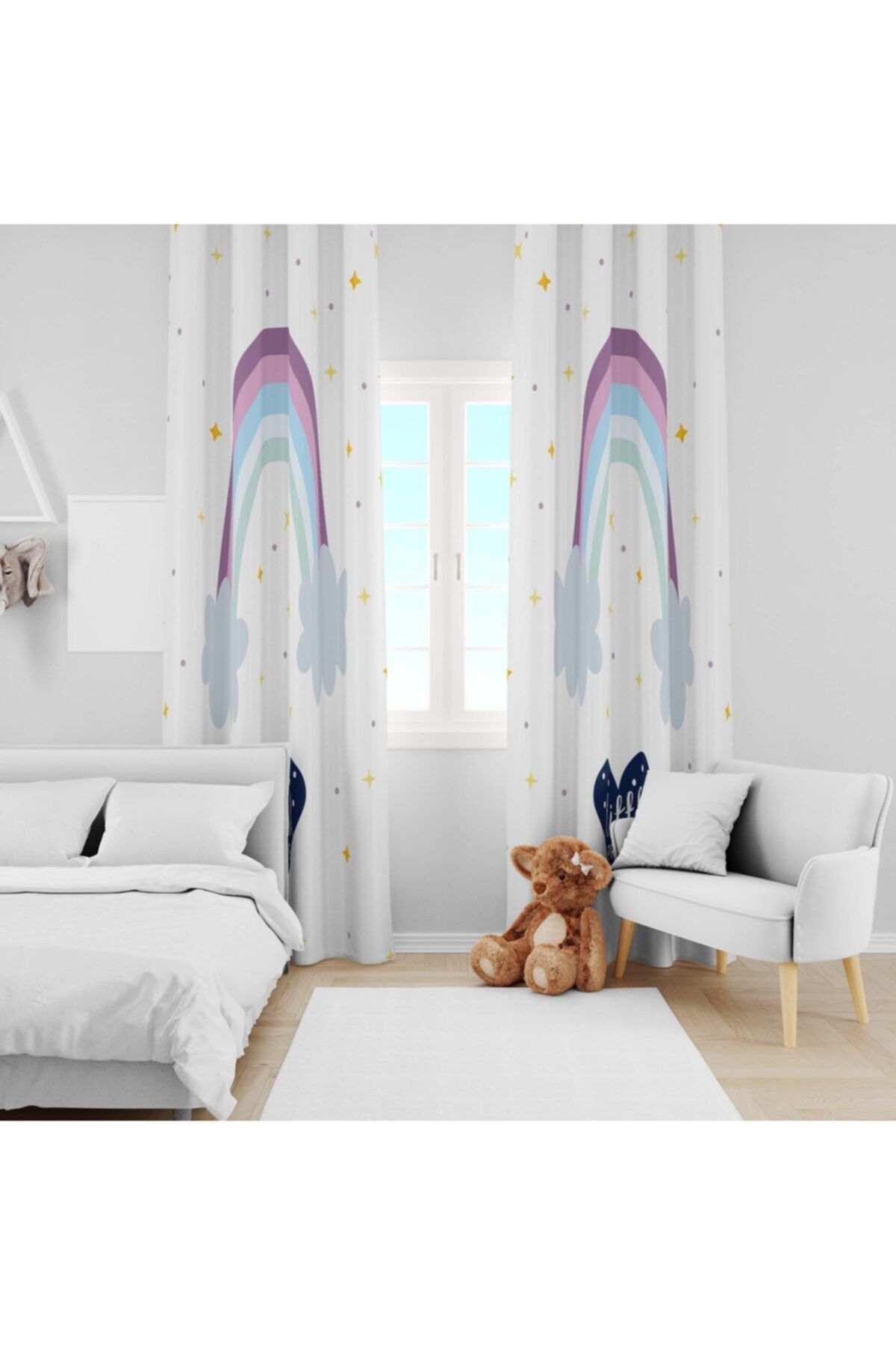 Ziu Kids Süet Dokulu Little Prince Gökkuşağı Desenli Bebek&çocuk Odası Dekoratif Fon Perde