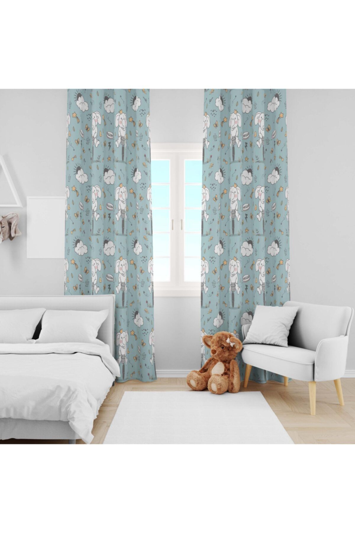 Ziu Kids Süet Dokulu Bisikletli Fil Desenli Bebek&çocuk Odası Dekoratif Fon Perde