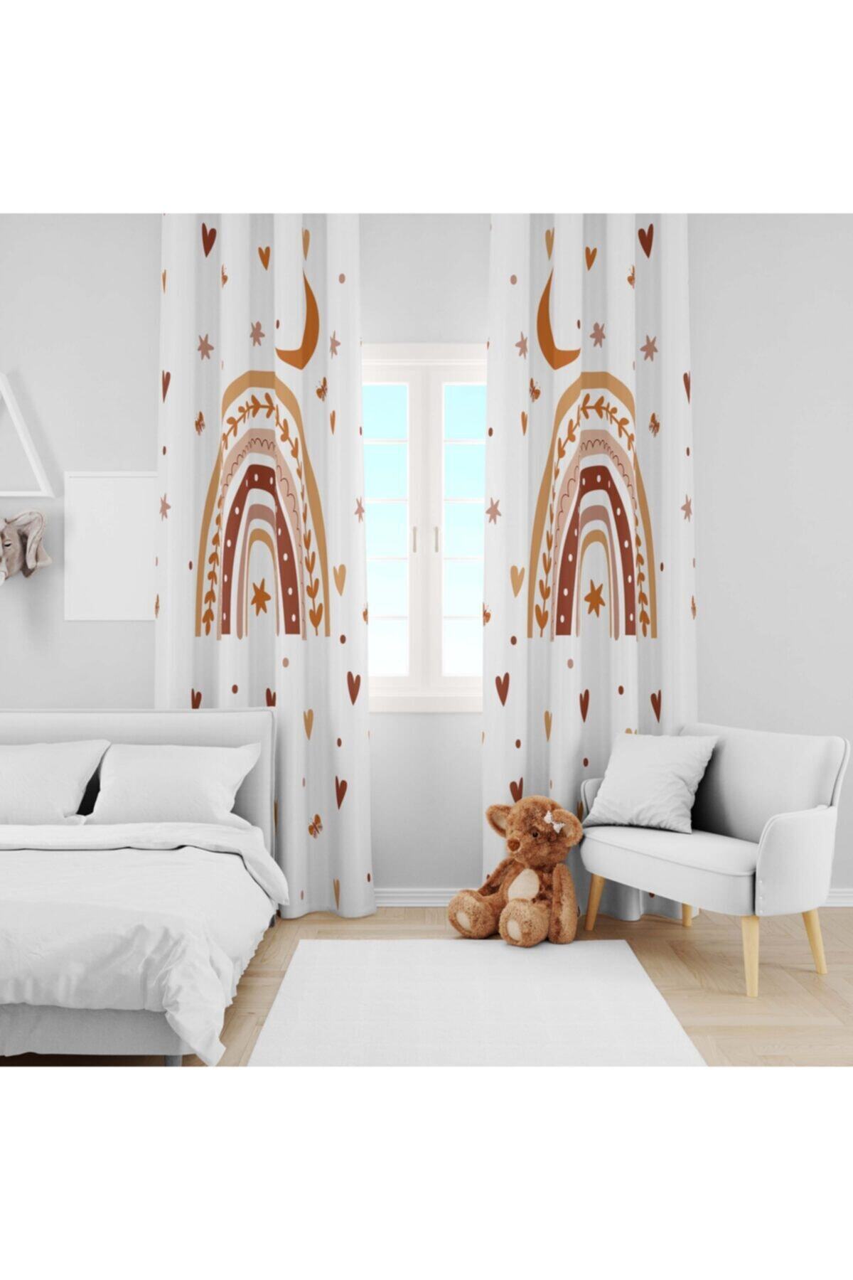 Ziu Kids Süet Dokulu Gökkuşağı Ve Ay Desenli Bebek&çocuk Odası Dekoratif Fon Perde