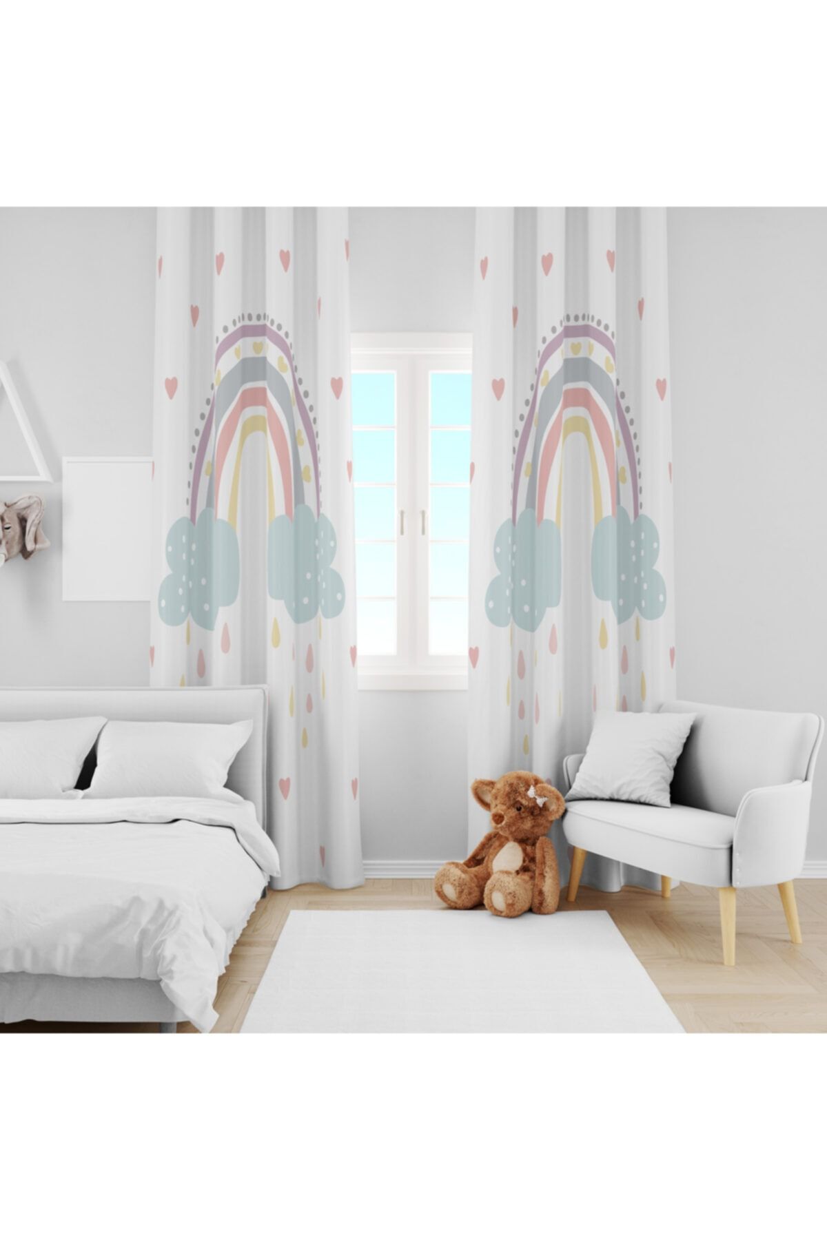 Ziu Kids Süet Dokulu Gökkuşağı Desenli Bebek&çocuk Odası Dekoratif Fon Perde