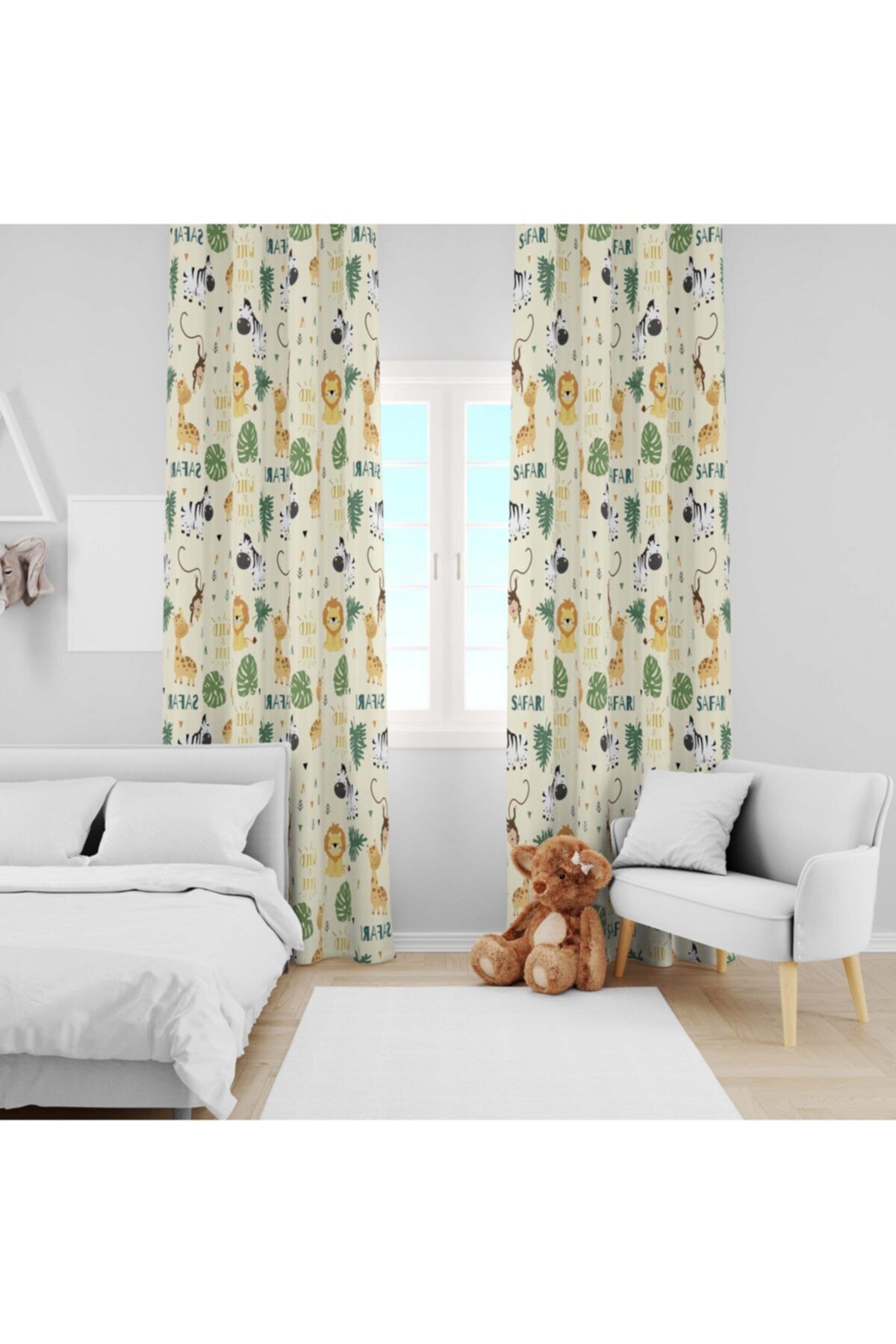 Ziu Kids Süet Dokulu Safari Hayvanlar Desenli Bebek&çocuk Odası Dekoratif Fon Perde